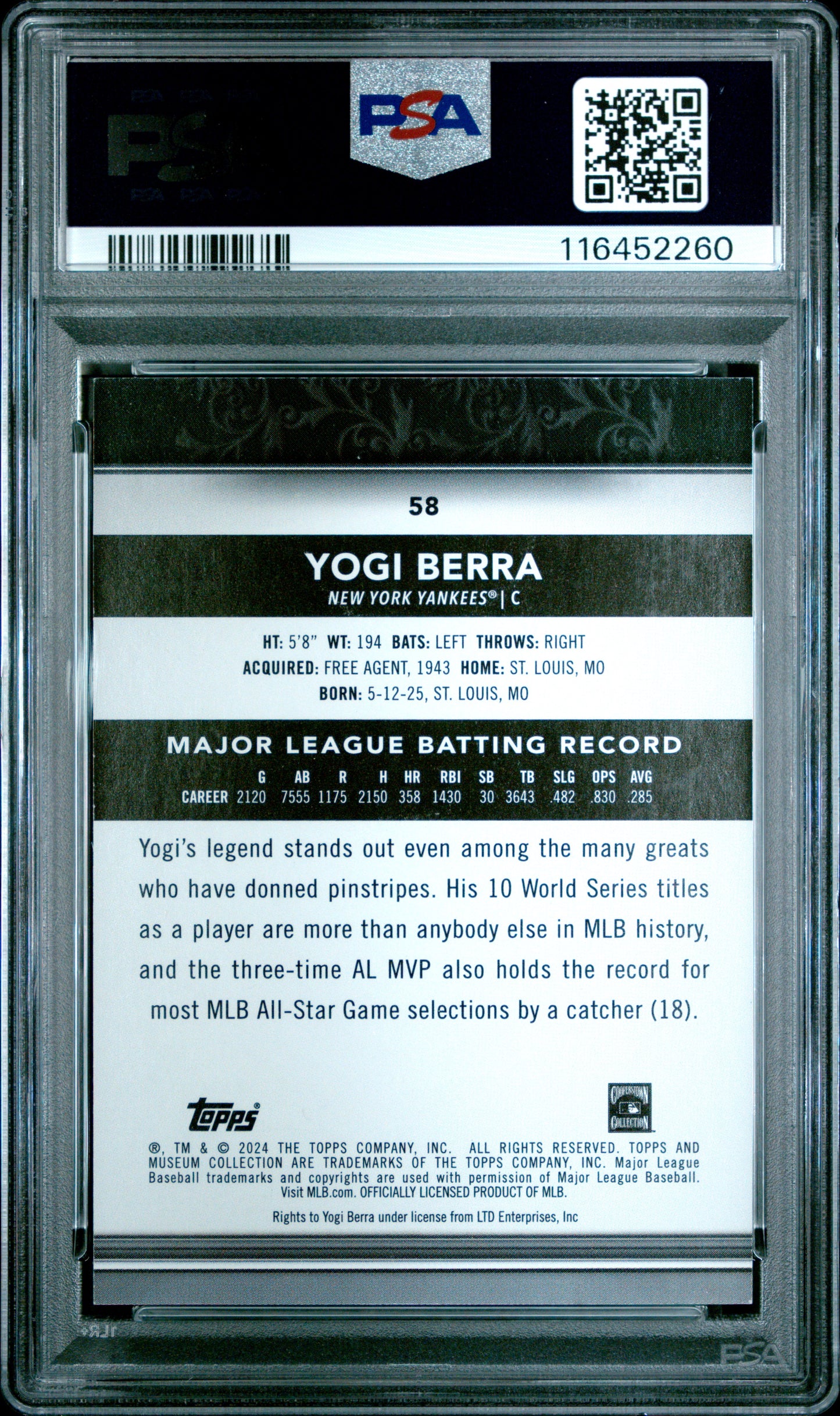 2024 Topps Museum Collection #58 Yogi Berra Gold PSA 8