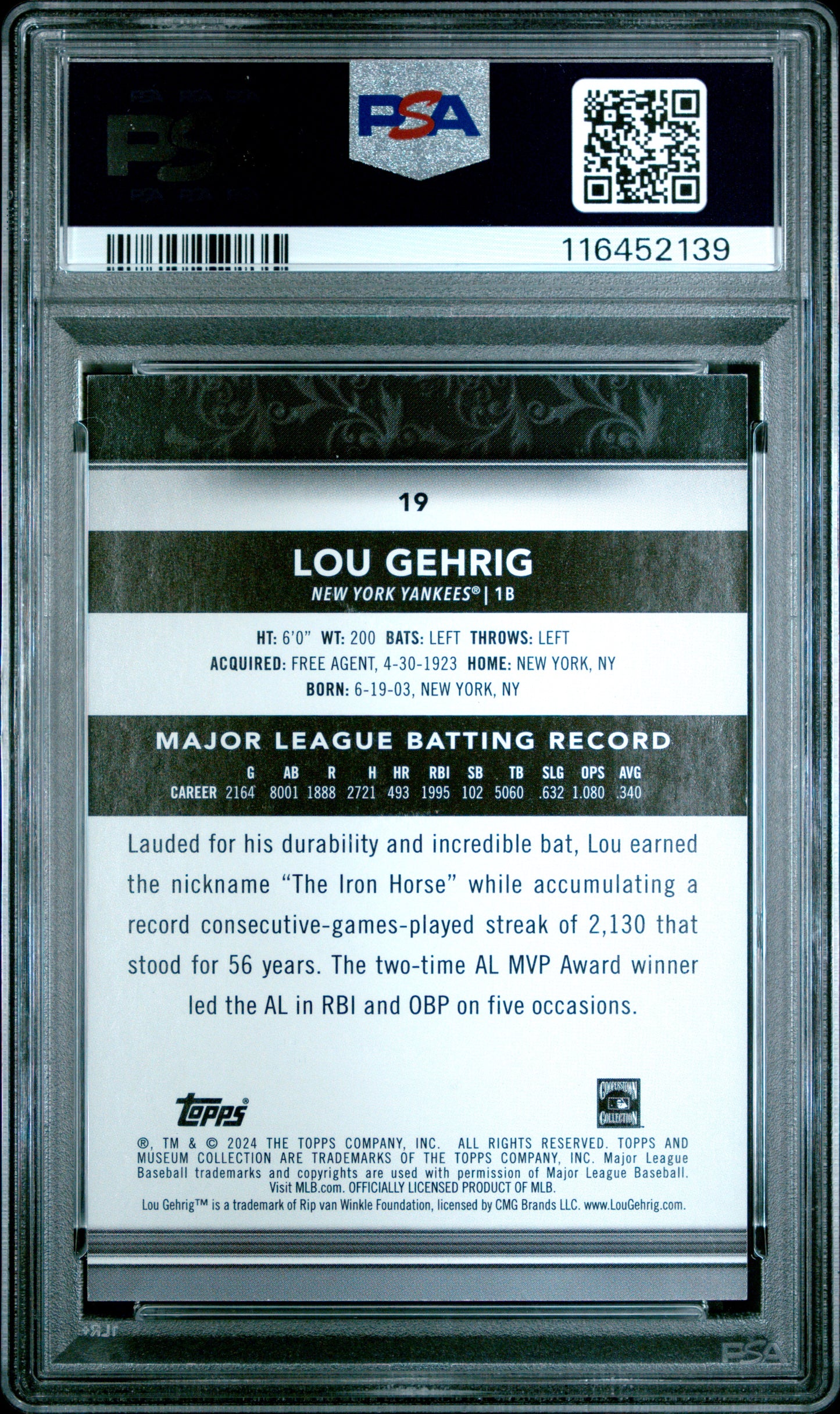 (2)2024 Topps Museum Collection #19 Lou Gehrig Gold PSA 8
