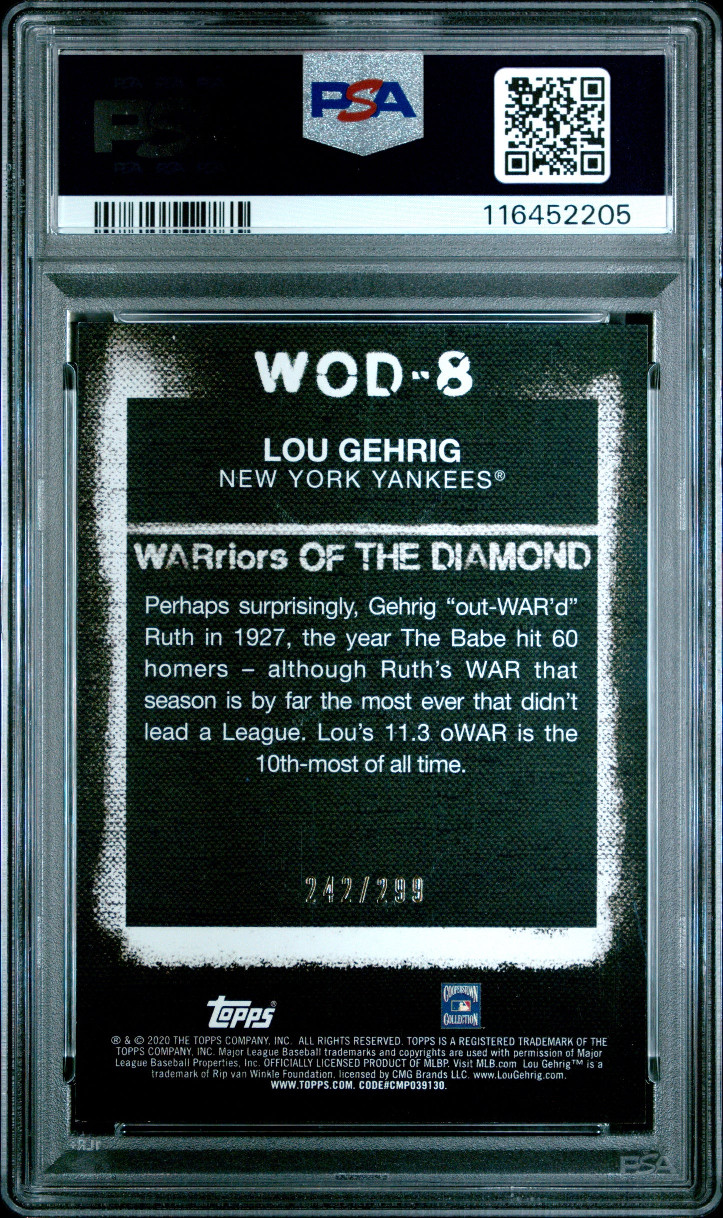 2020 Topps W.O.D. #WOD8 Lou Gehrig Warriors/Diamond-Black PSA 8