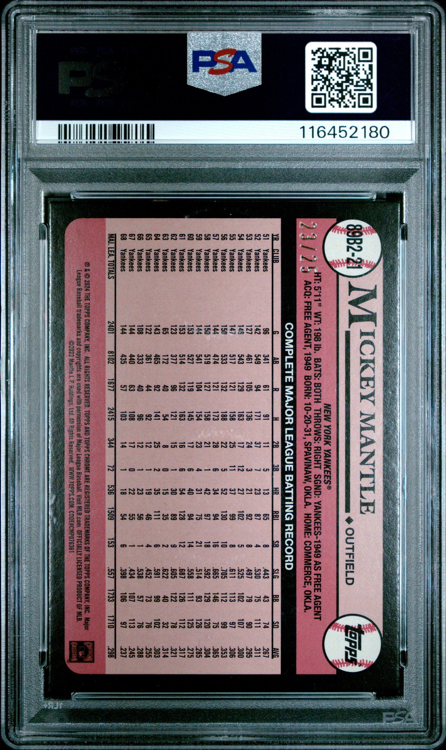 2024 Topps 1989 Topps Baseball #89B2-21 Mickey Mantle 1989 Topps-Foil-Orange PSA 9