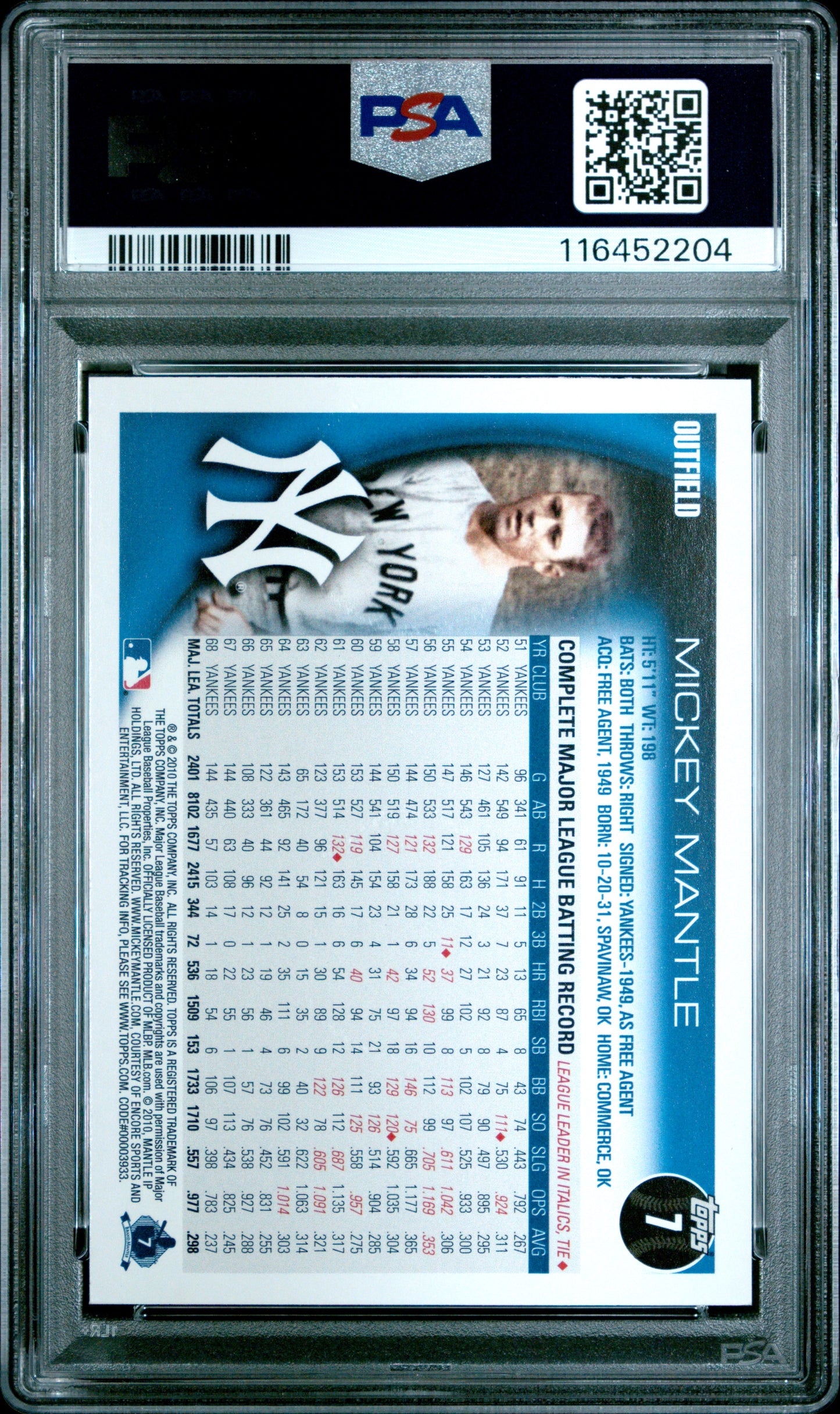 2010 Topps #7 Mickey Mantle PSA 9