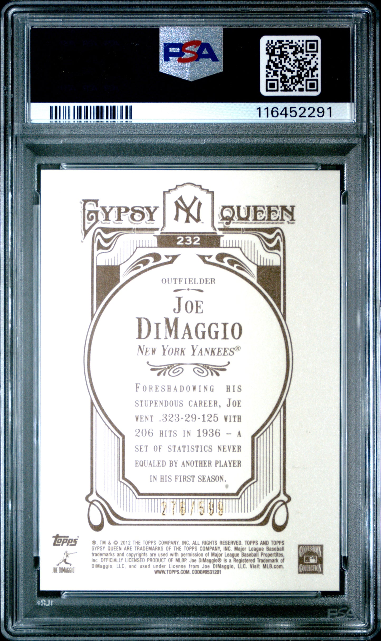 2012 Topps Gypsy Queen #232 Joe Dimaggio W/O Catcher-Blue Frame PSA 10