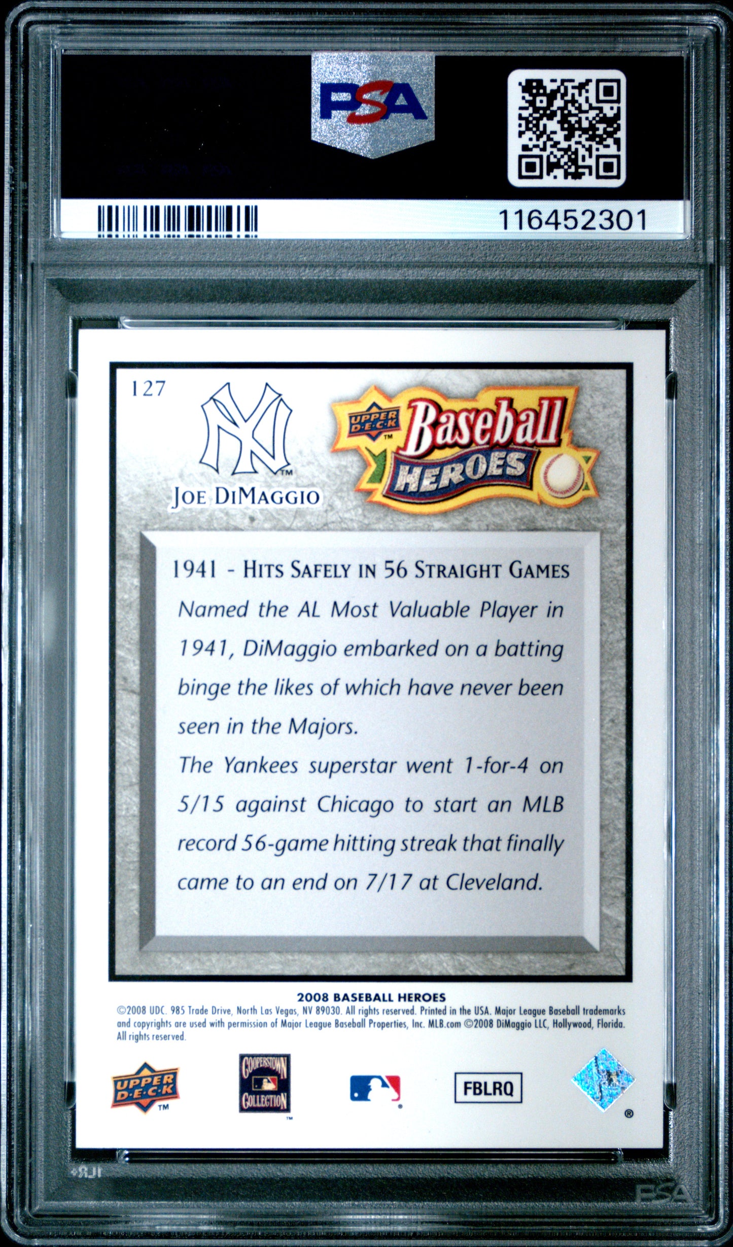 2008 Upper Deck BH #127 Joe Dimaggio Baseball Heroes-Charcoal PSA 10