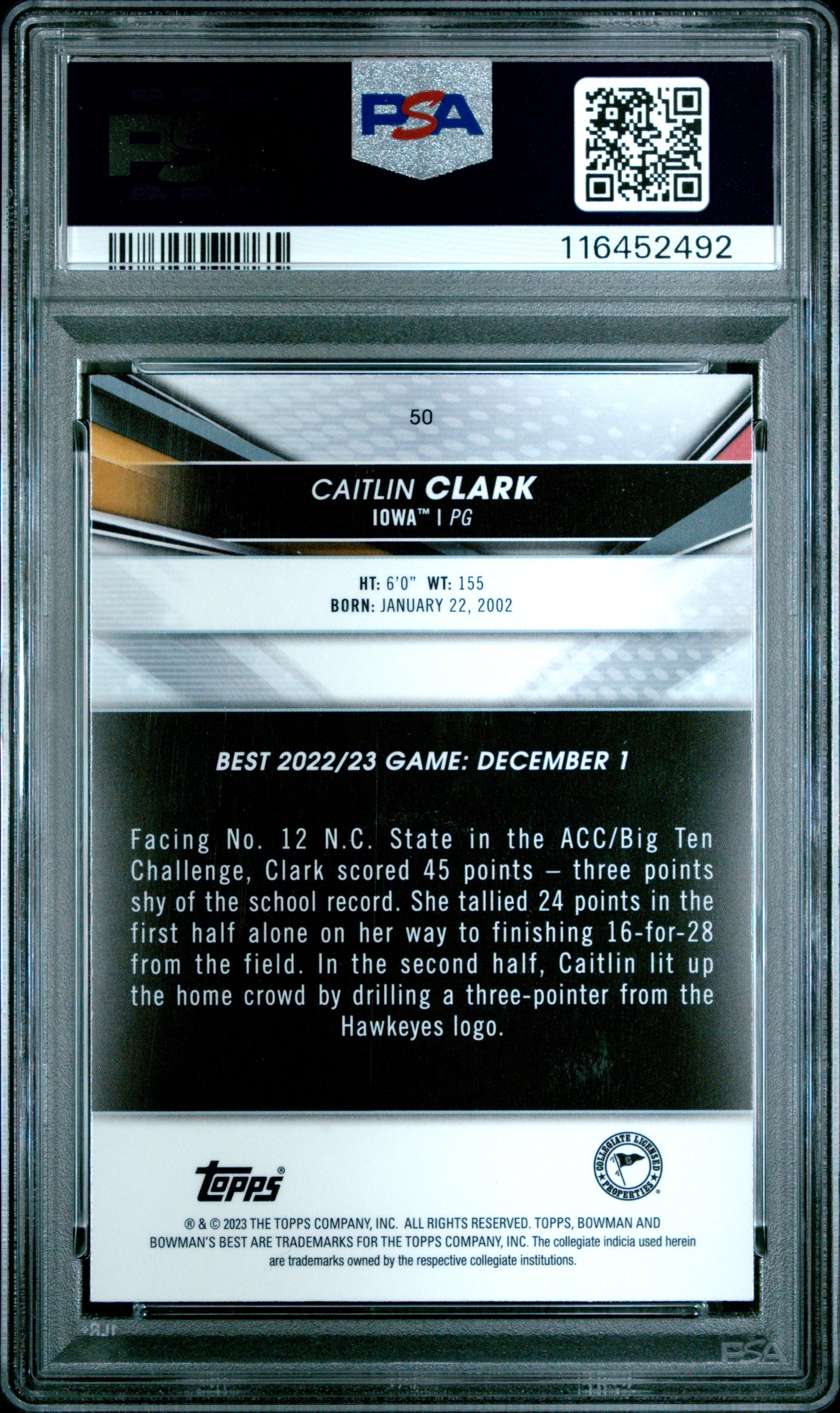 2022 Bowman University Best #50 Caitlin Clark PSA 10