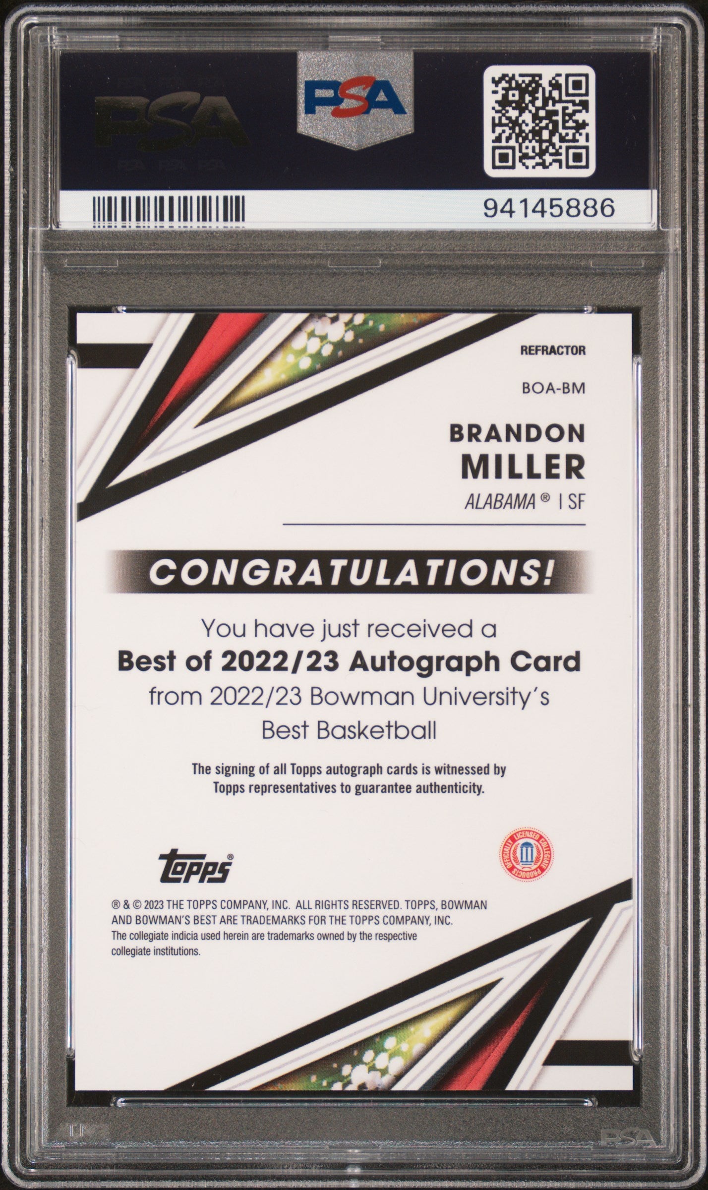 2022 Bowman University Best Of 2022 Autograph #BOABM Brandon Miller AU-Refractor PSA 10-10