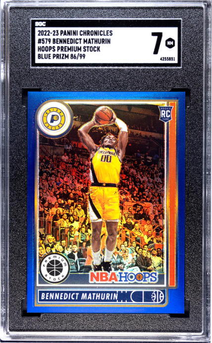 2022-23 Panini Chronicles #579 Bennedict Mathurin Hoops Premium Stock Blue Prizm RC SGC 7