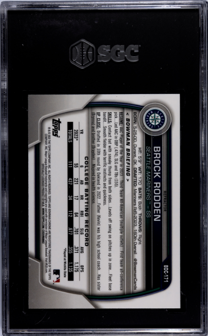 2023 Bowman Draft #BDC-171 Brock Rodden Chrome Refractor SGC 8