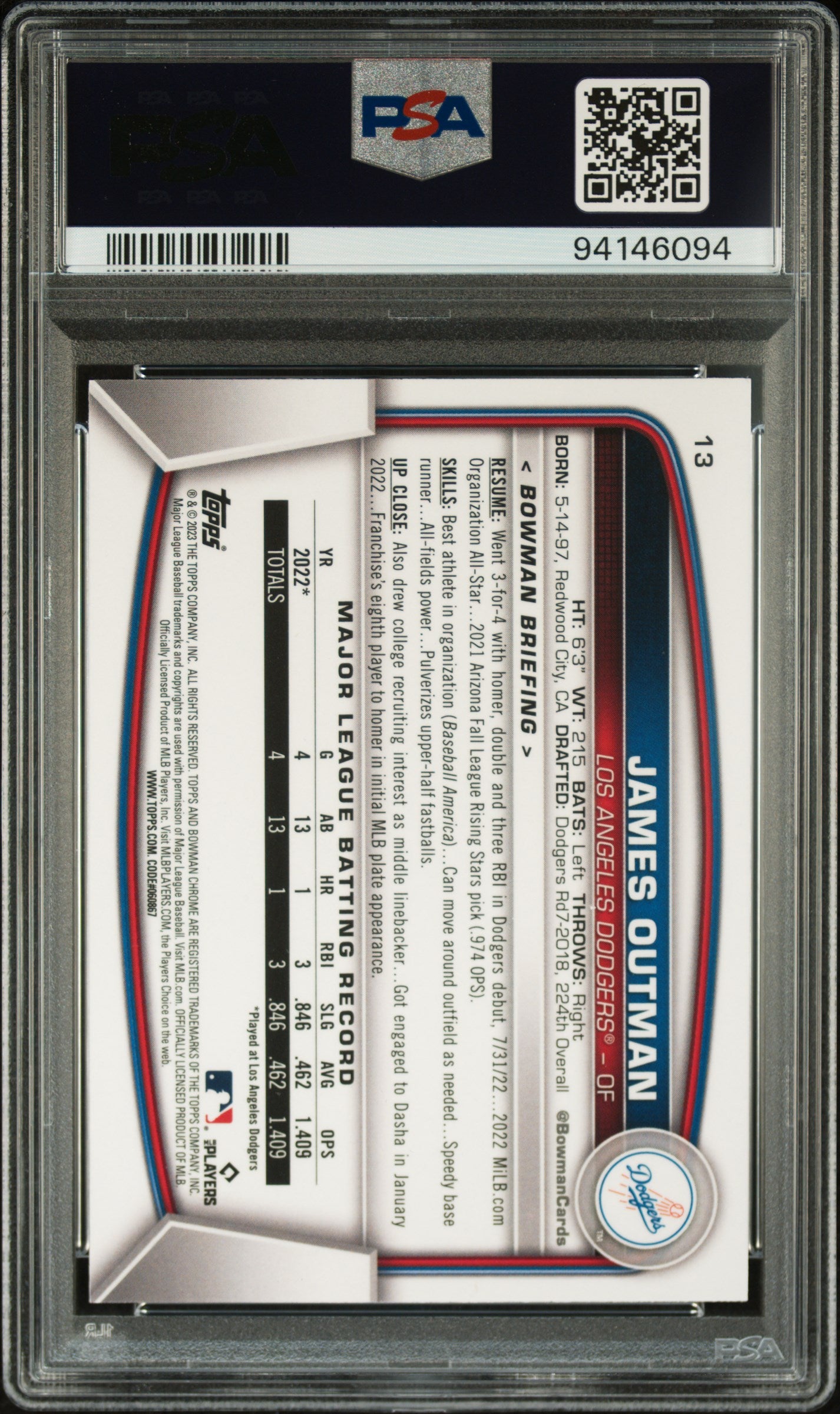 2023 Bowman Mega Box Chrome #13 James Outman Chrome RC PSA 10