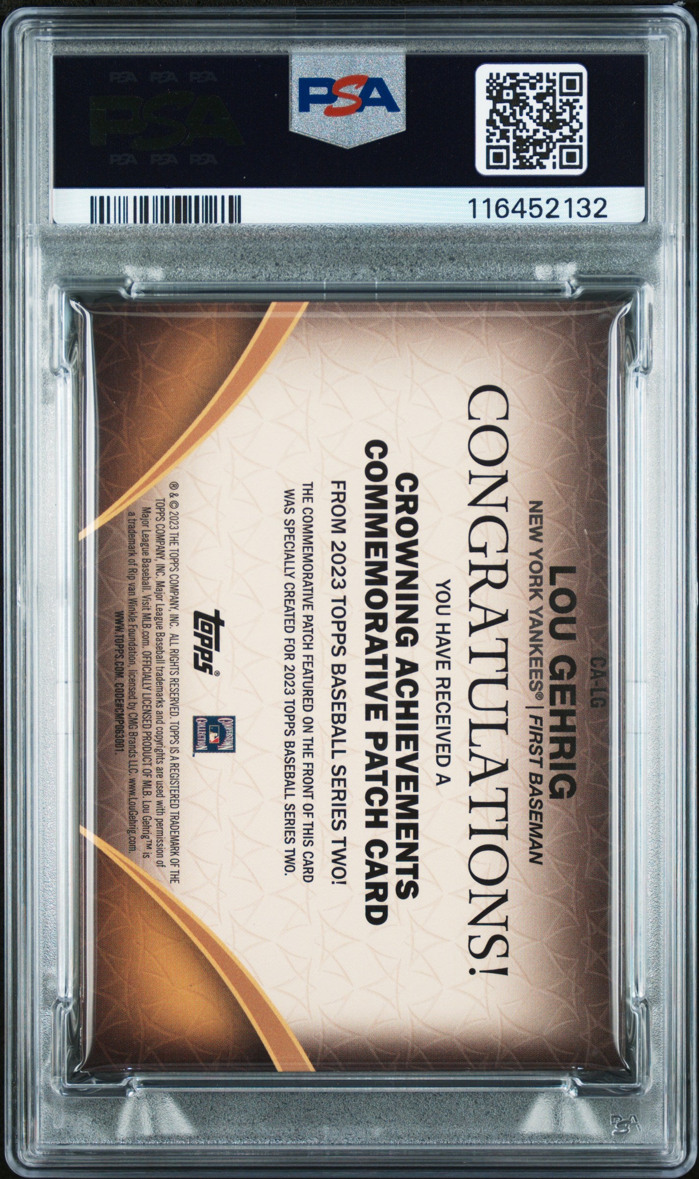 2023 Topps Crowning Achievements Commemorative Patch #CALG Lou Gehrig PAT-BLK PSA 5