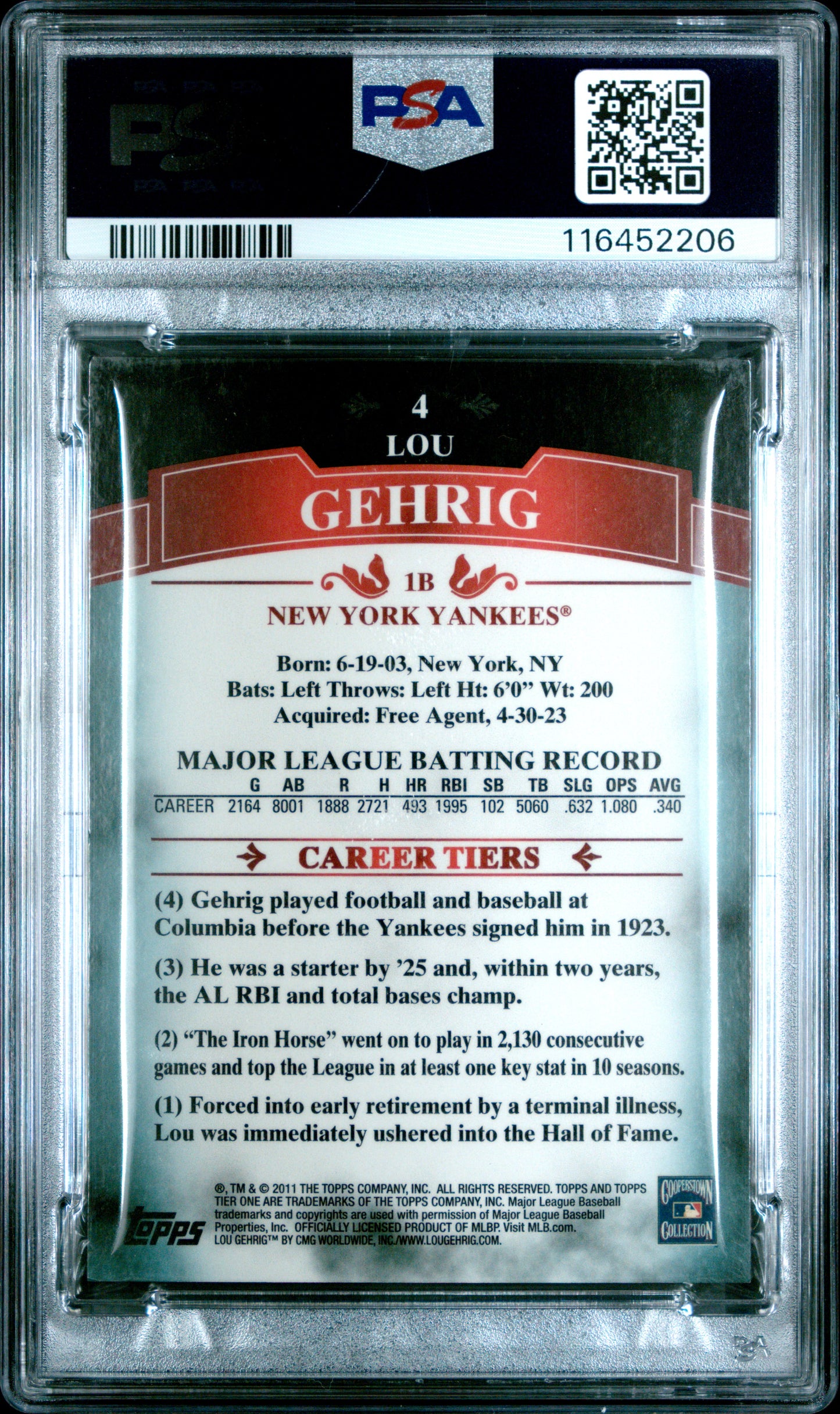 2011 Topps Tier One #4 Lou Gehrig Blue PSA 4