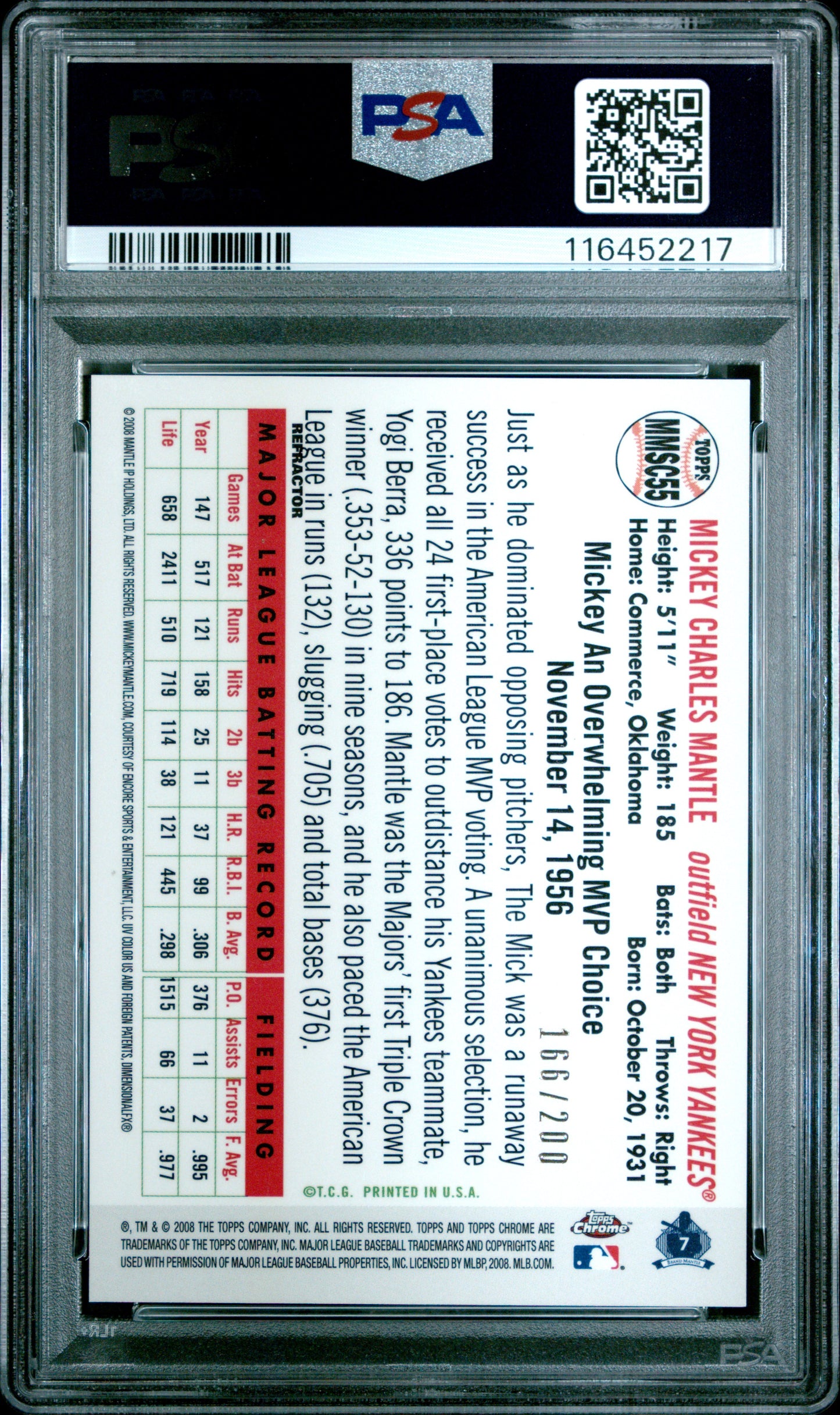 2008 Topps Chrome Mantle Story #55 Mickey Mantle Mantle Story-Blue Ref. PSA 5