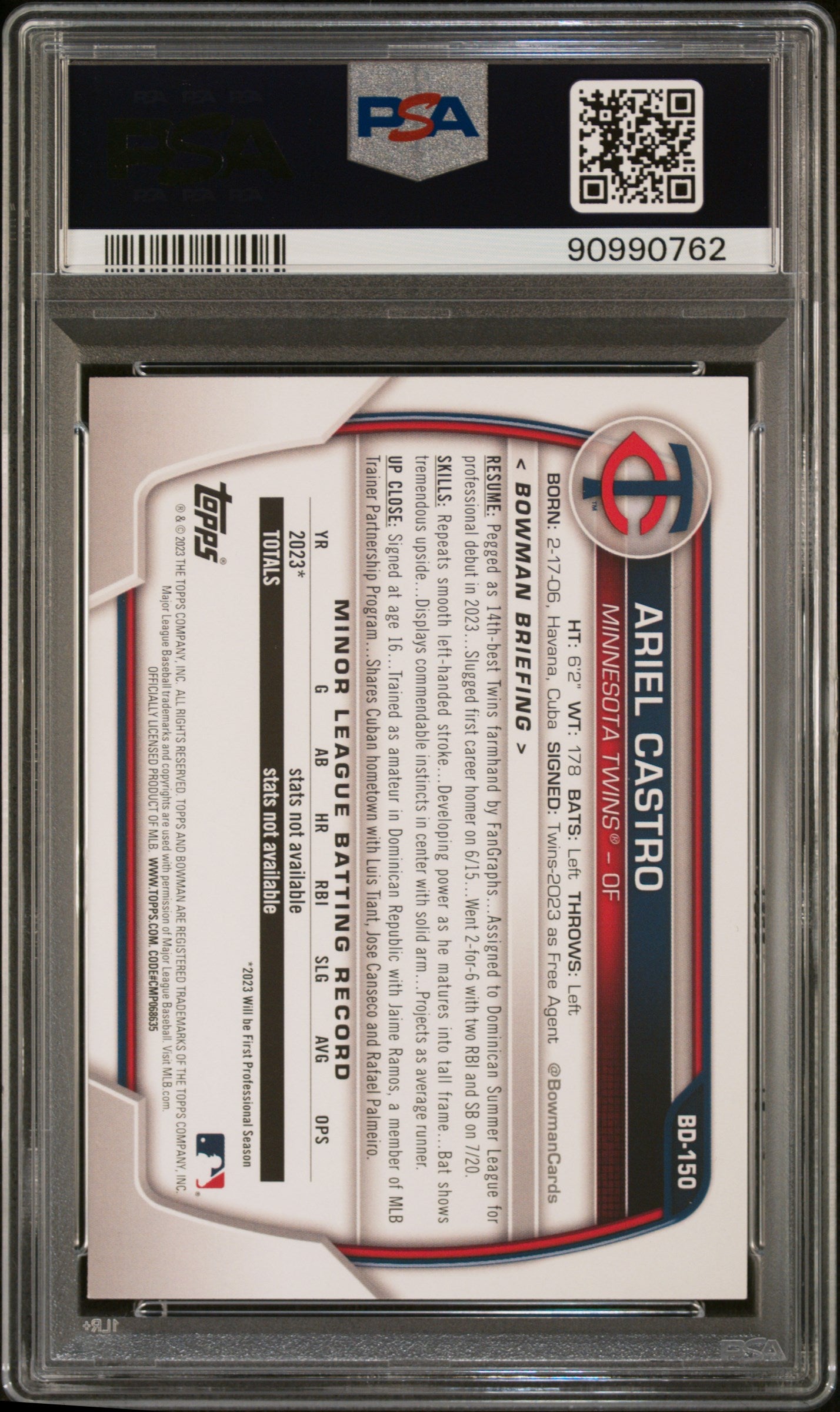 2023 Bowman Draft #BD150 Ariel Castro Sky Blue PSA 10