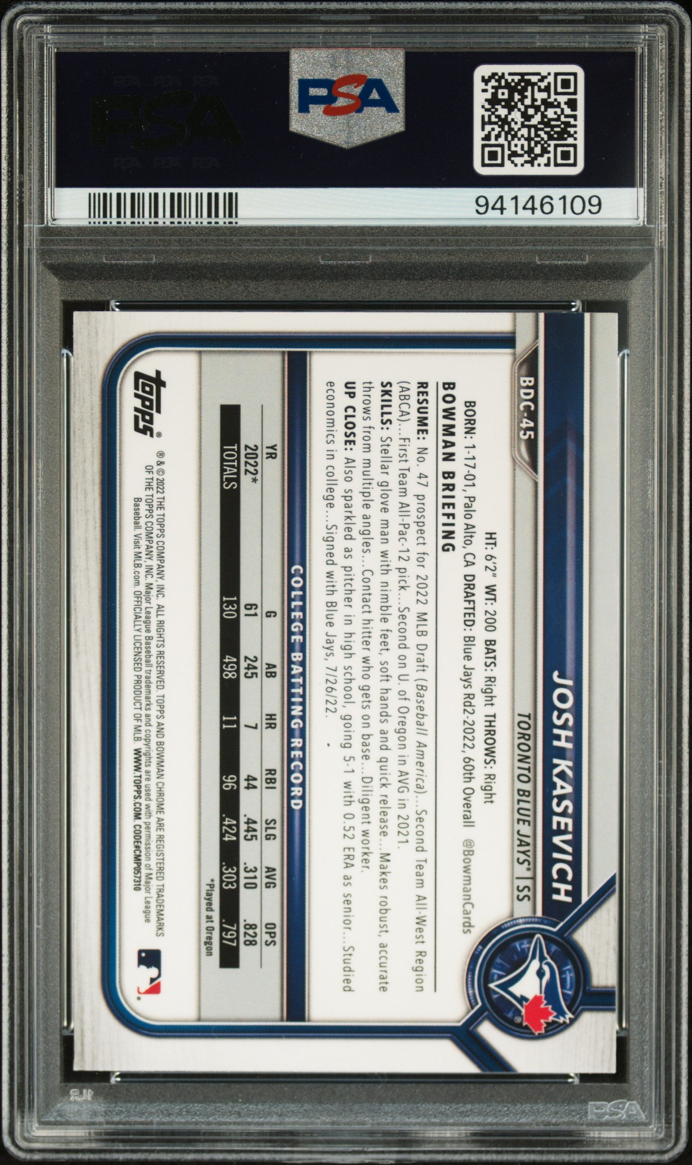 2022 Bowman Draft #BDC45 Josh Kasevich Chr-B/W Rywv.Refractor PSA 10