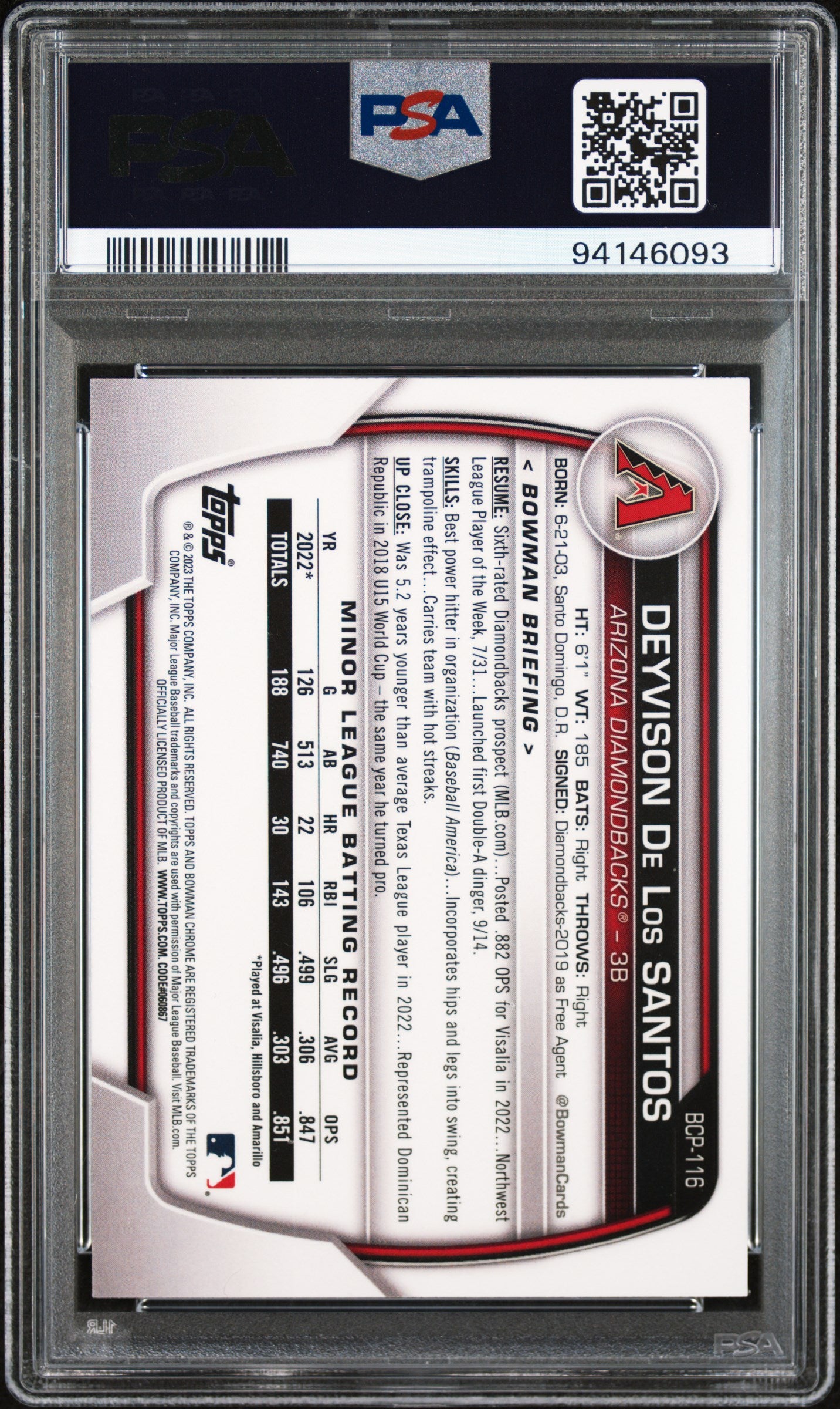 2023 Bowman Mega Box Chrome #116 D. De Los Santos Chrome PSA 9