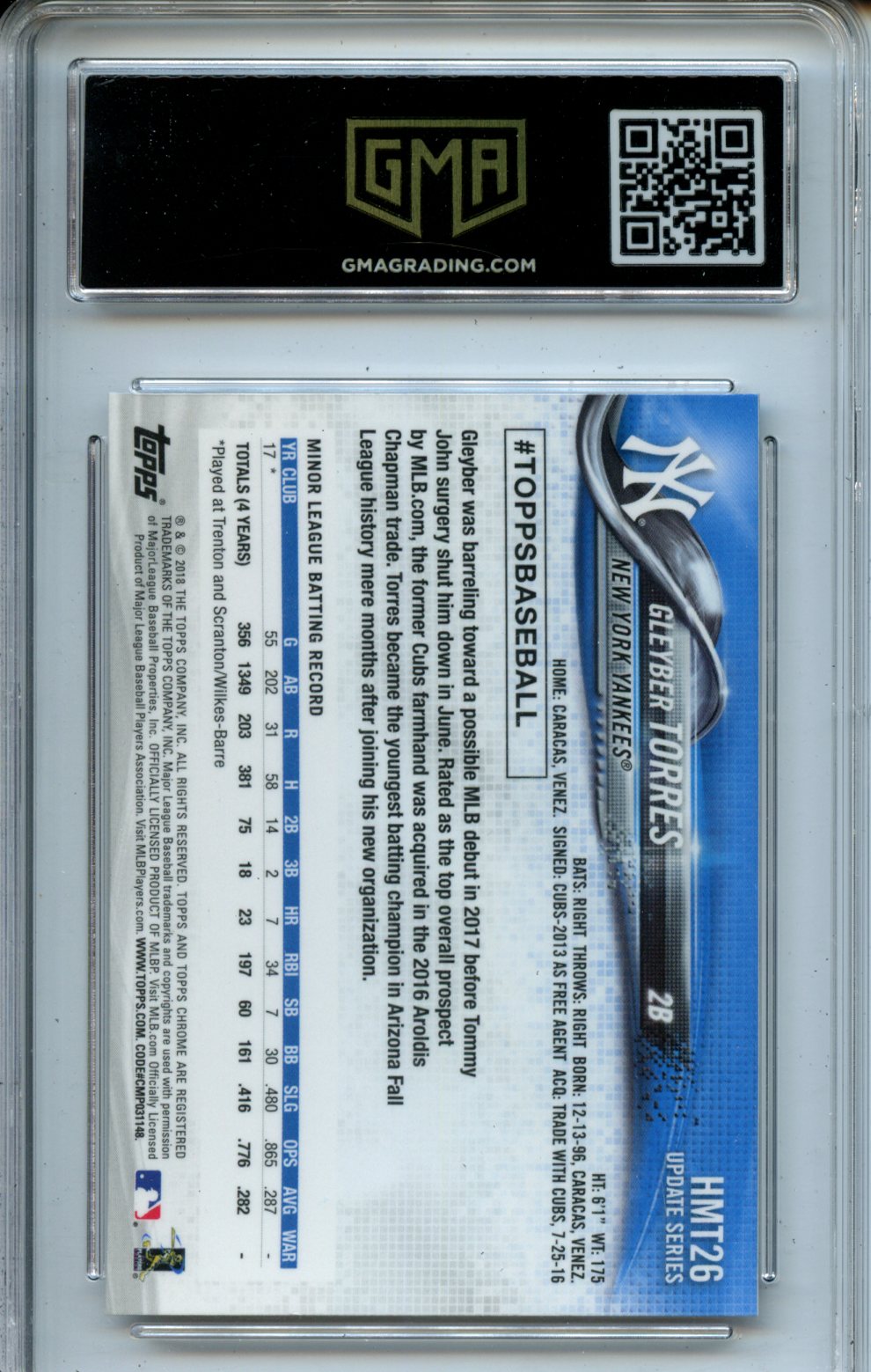 2018 Topps Chrome Update #HMT26 Gleyber Torres RC GMA 10