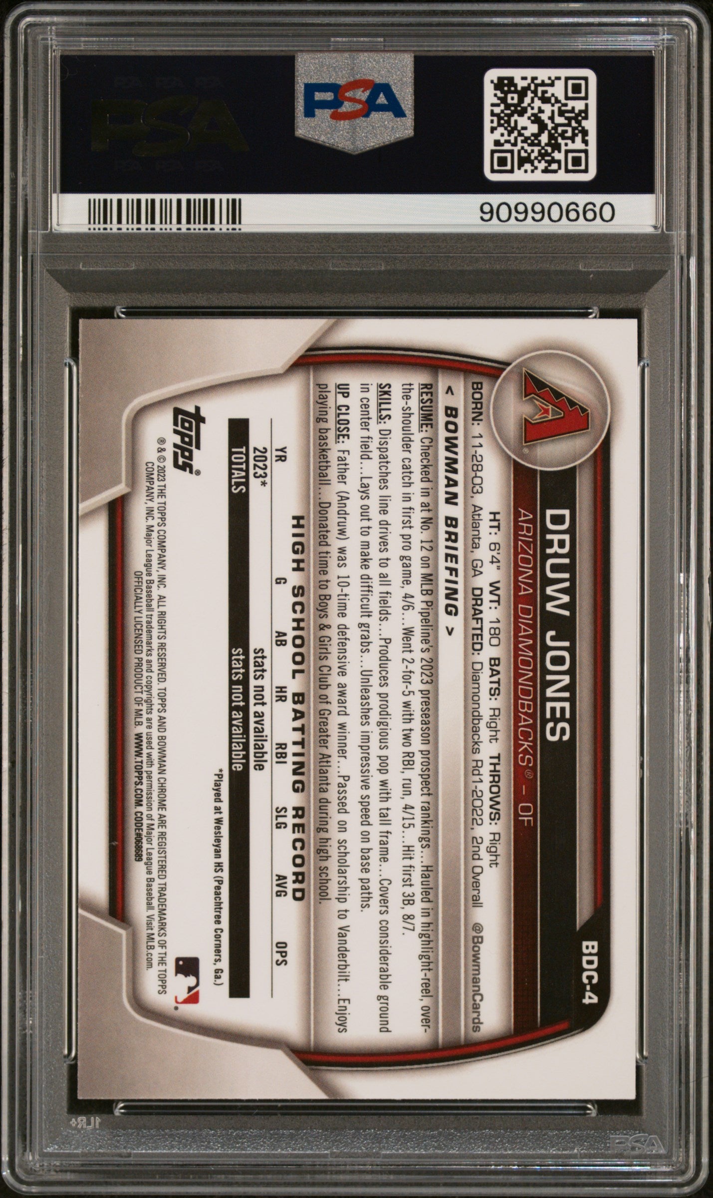 2023 Bowman Draft #BDC4 Druw Jones Chrome-Green Refractor PSA 10