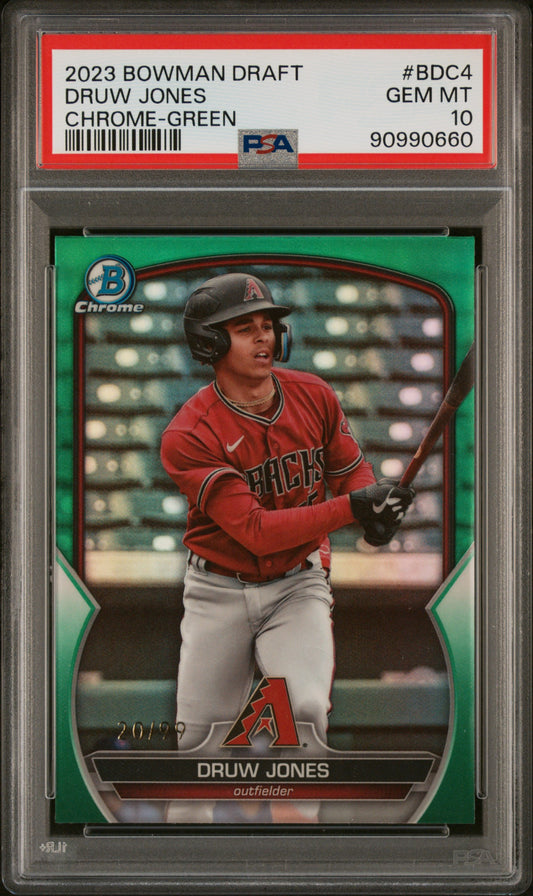 2023 Bowman Draft #BDC4 Druw Jones Chrome-Green Refractor PSA 10