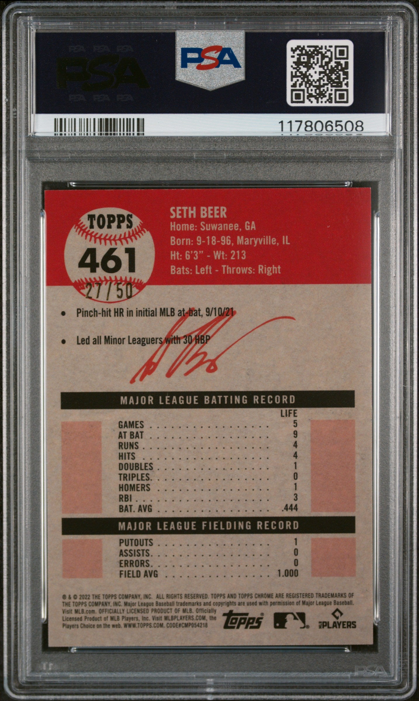 2022 Topps Chrome Platinum Anniversary #461 Seth Beer PLT Toile Cream/Gold Ref. RC PSA 10