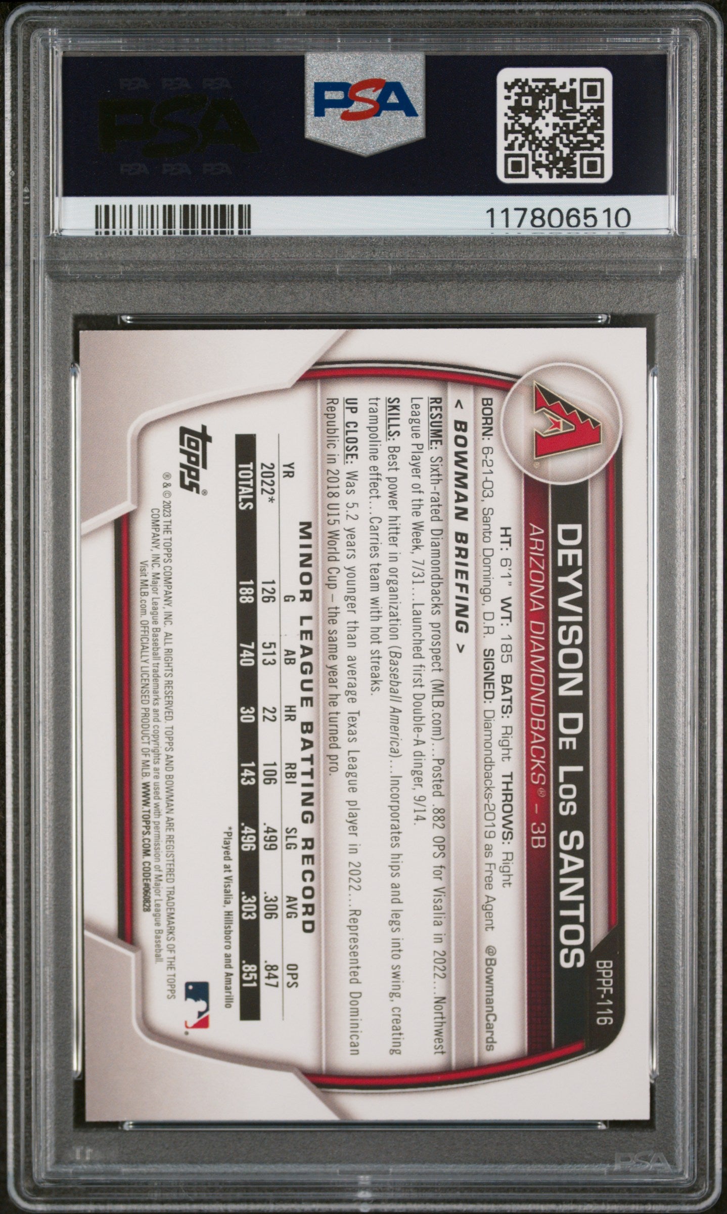 2023 Bowman 1st Edition #BPPF116 D De Los Santos Yellow Foil PSA 9