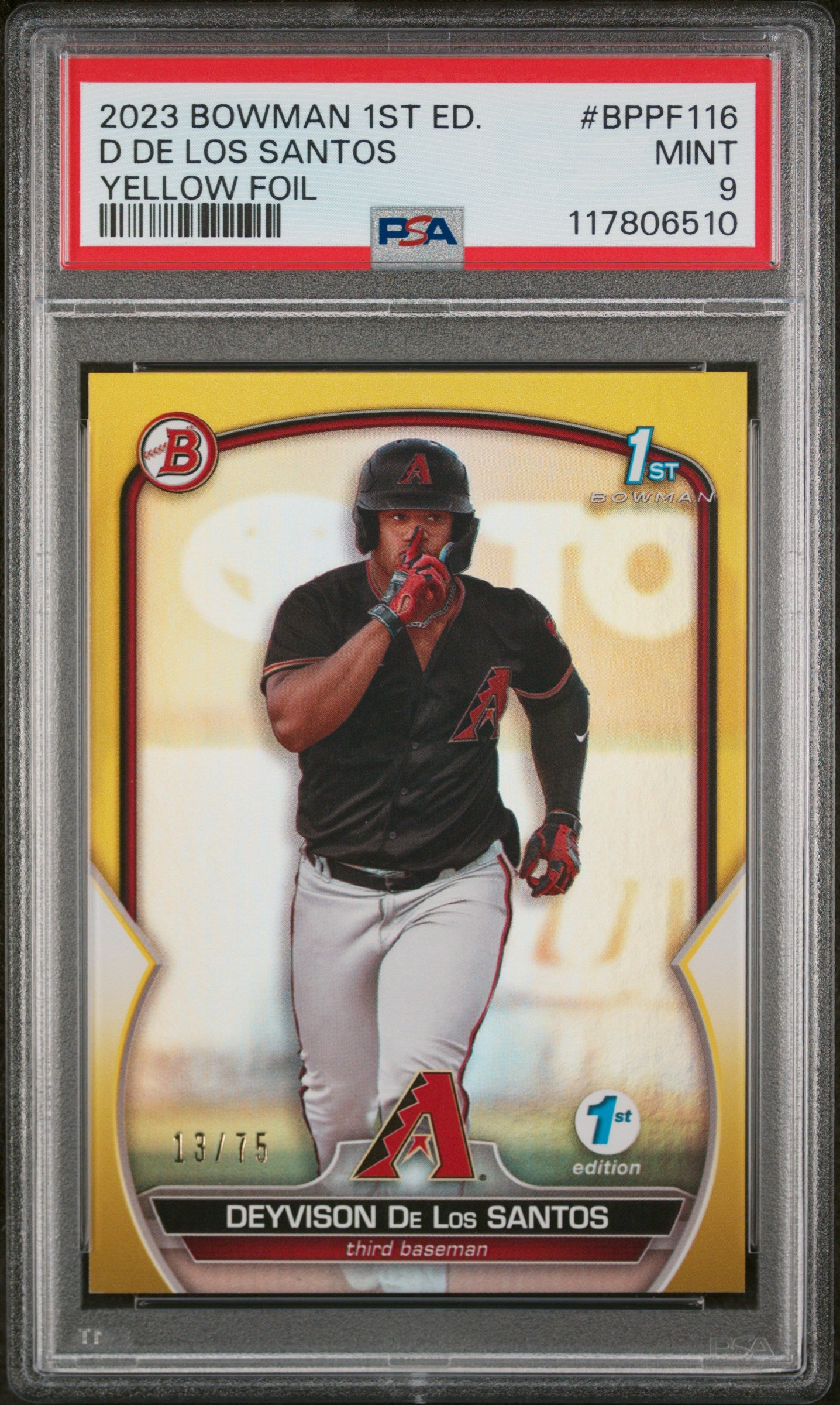 2023 Bowman 1st Edition #BPPF116 D De Los Santos Yellow Foil PSA 9
