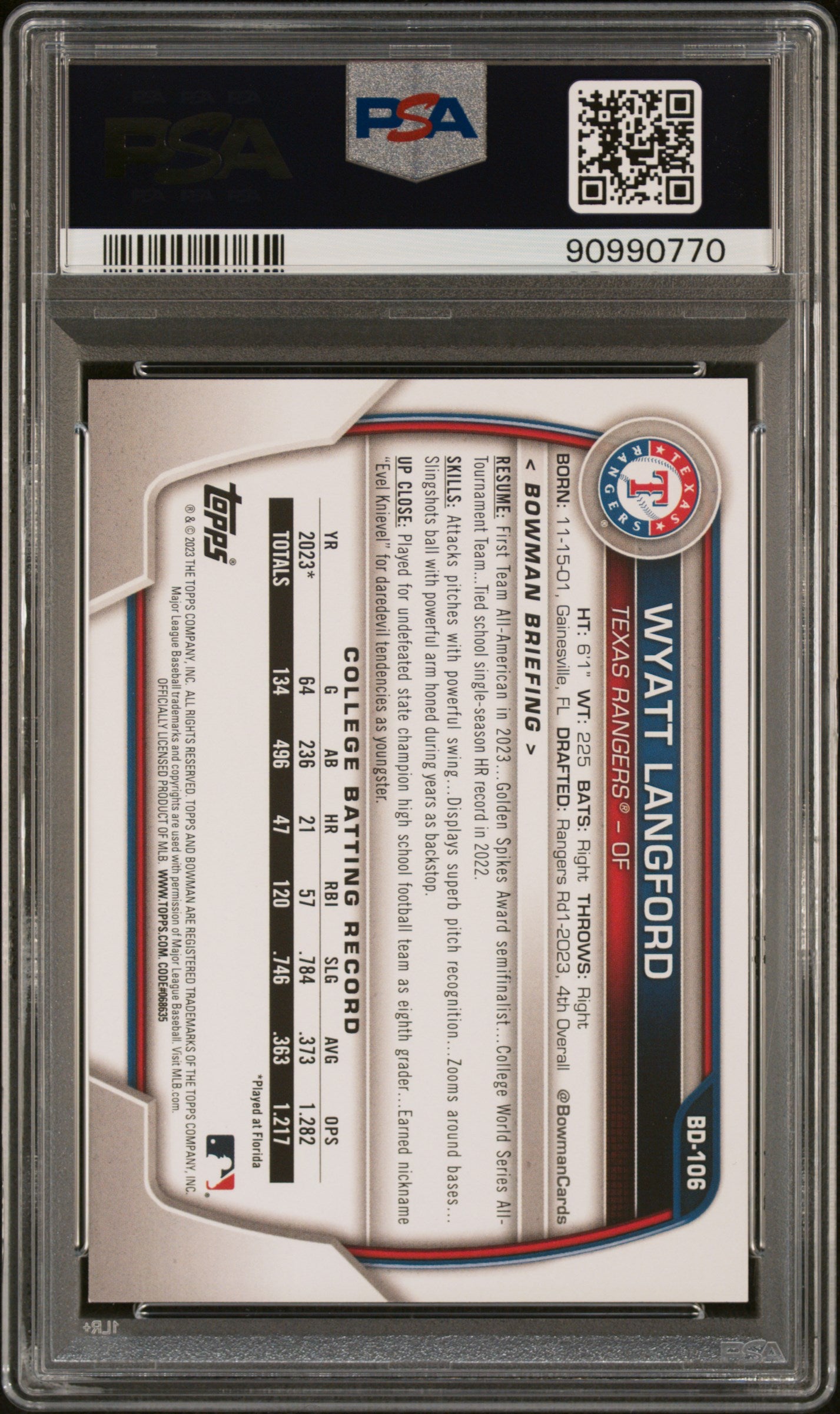 2023 Bowman Draft #BD106 Wyatt Langford PSA 9