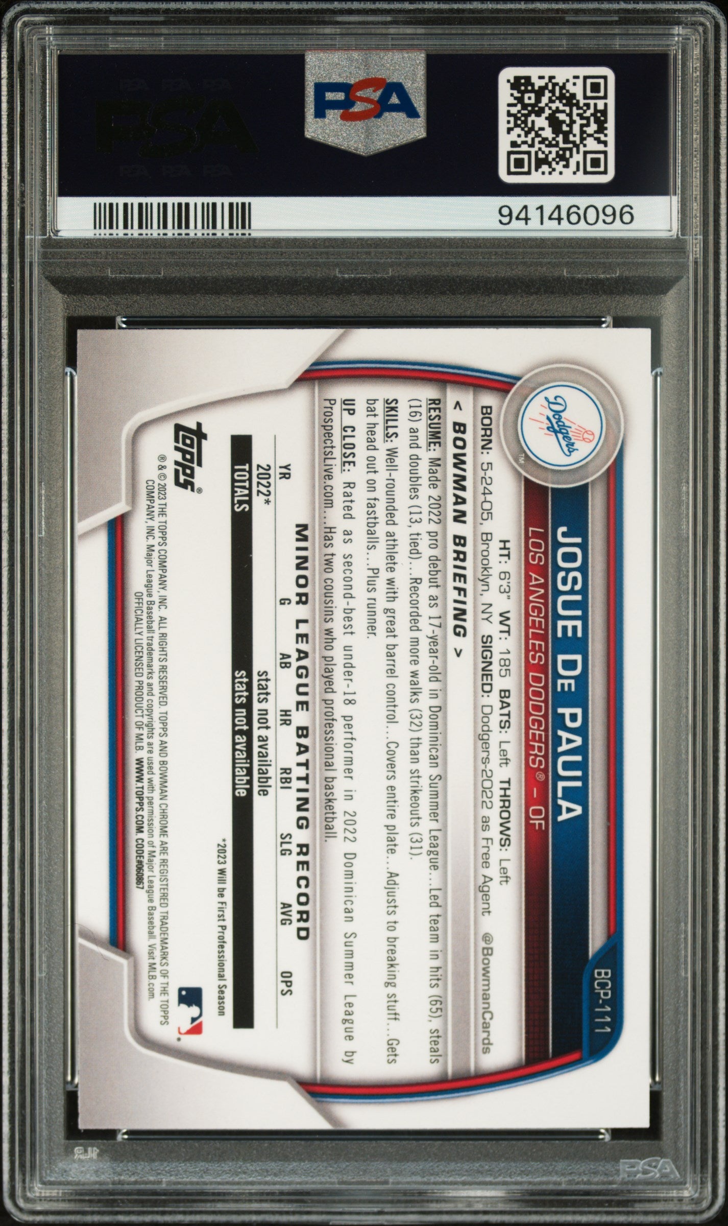 2023 Bowman Mega Box Chrome #111 Josue De Paula Chrome PSA 10