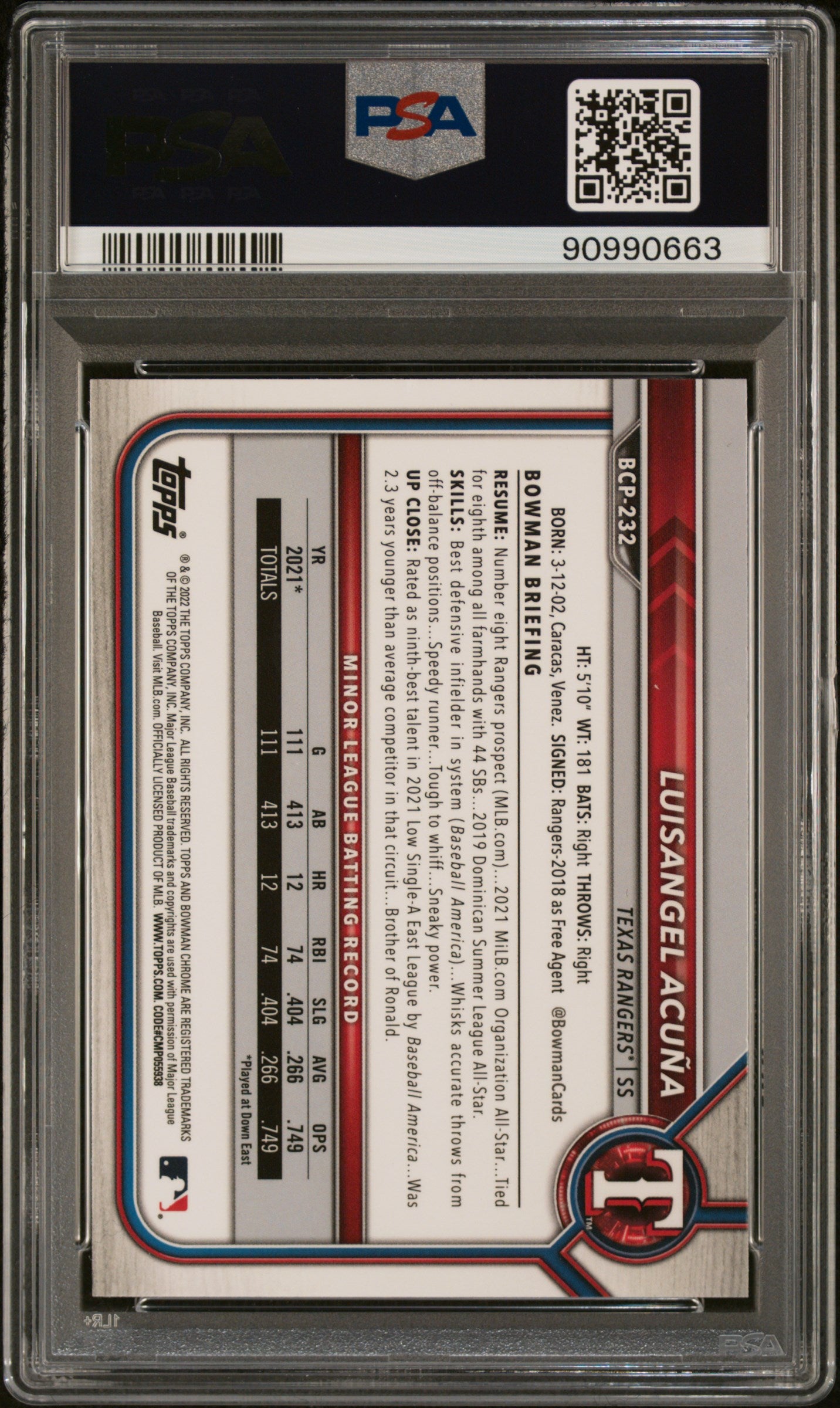 2022 Bowman Mega Box Chrome #232 Luisangel Acuna PSA 8