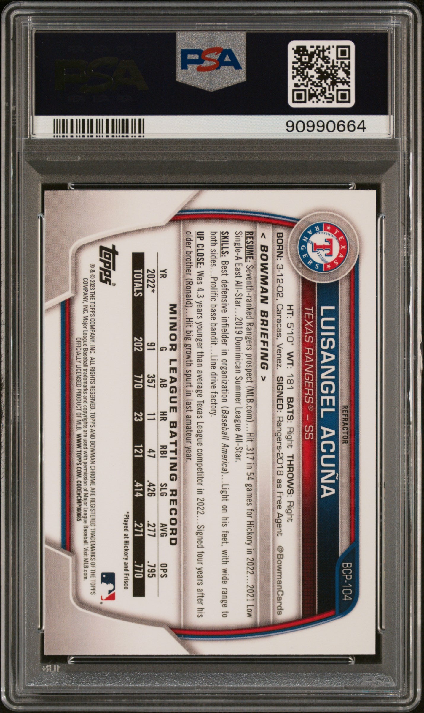 2023 Bowman Chrome Prospects #BCP104 Luisangel Acuna Lunar Glow Refractor PSA 9