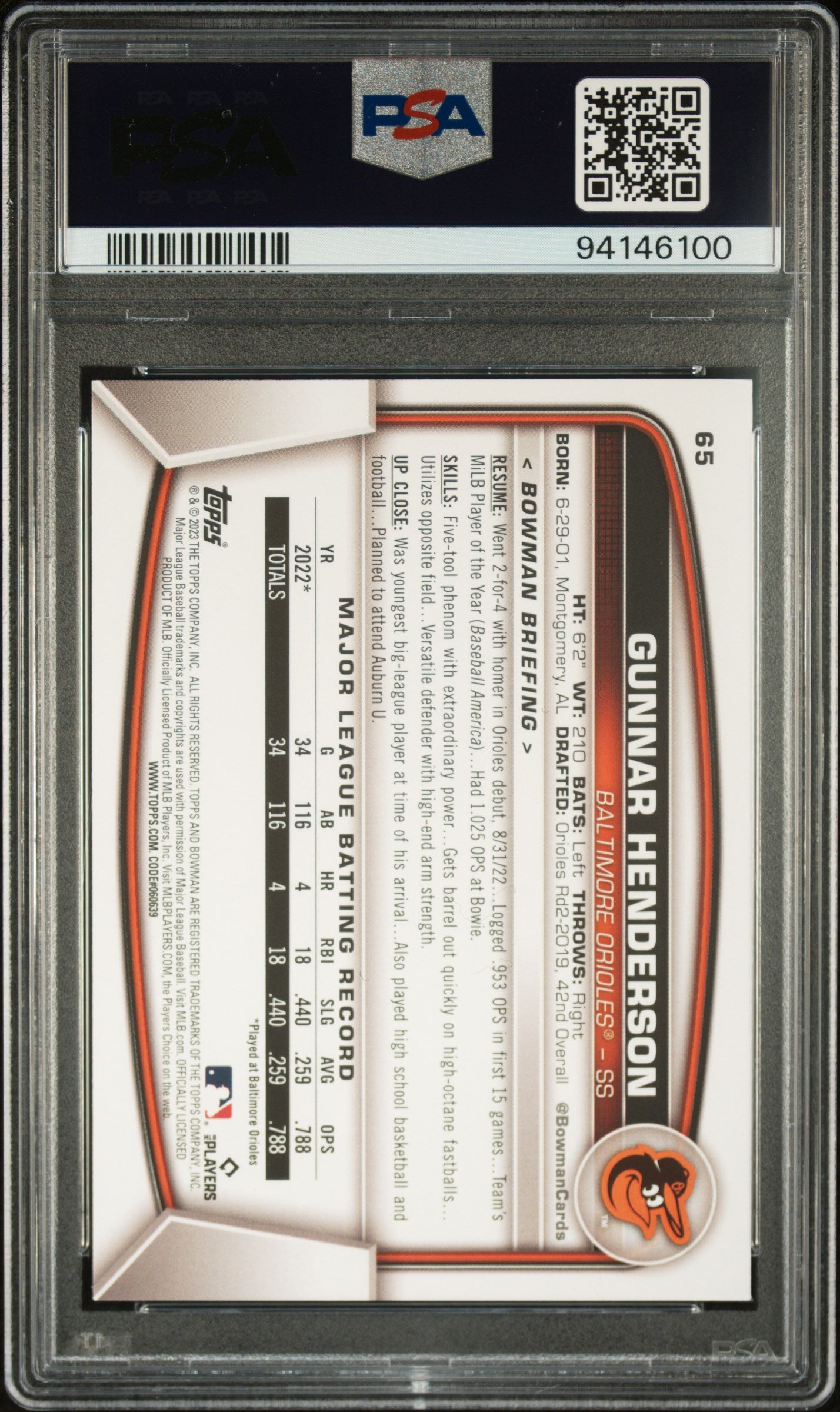 2023 Bowman #65 Gunnar Henderson RC PSA 9