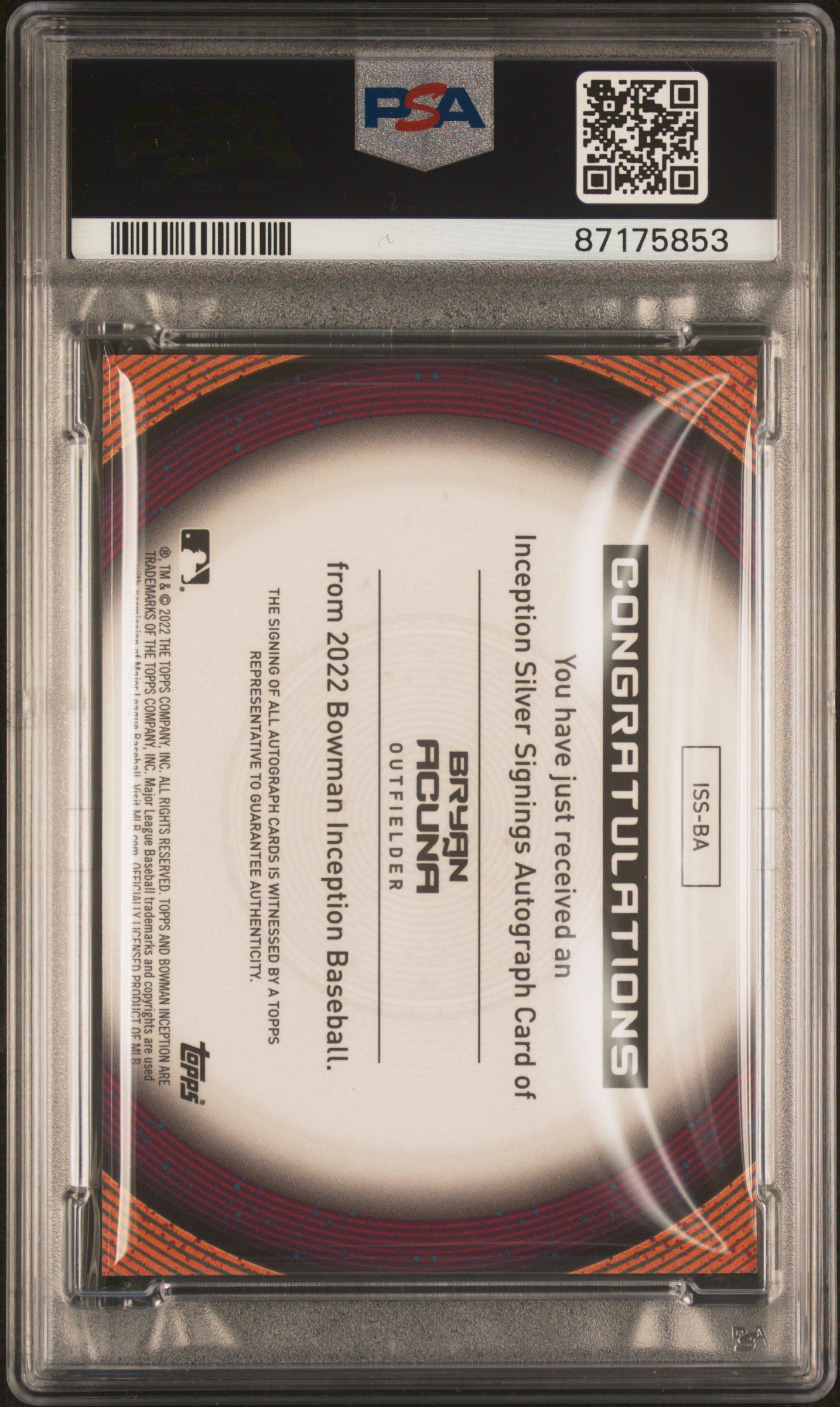 2022 Bowman Inception Inception Silver Signings #BA Bryan Acuna PSA 10-10