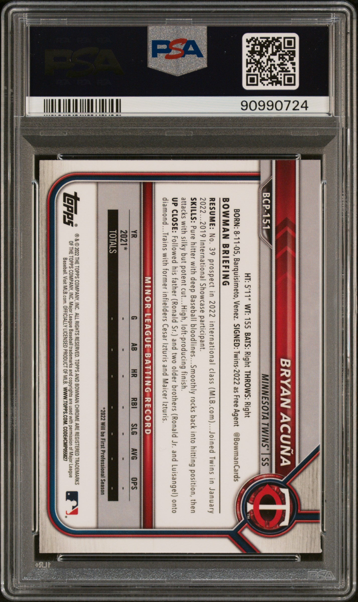 2022 Bowman Chrome Prospects #BCP151 Bryan Acuna Prospects PSA 8