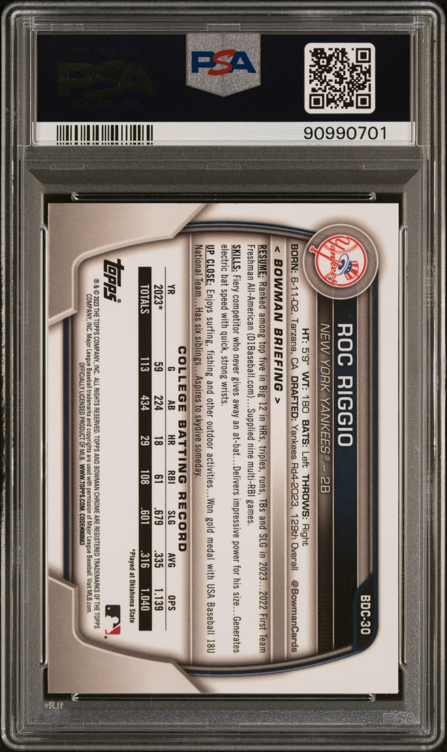 2023 Bowman Draft #BDC30 Roc Riggio Chrome PSA 10