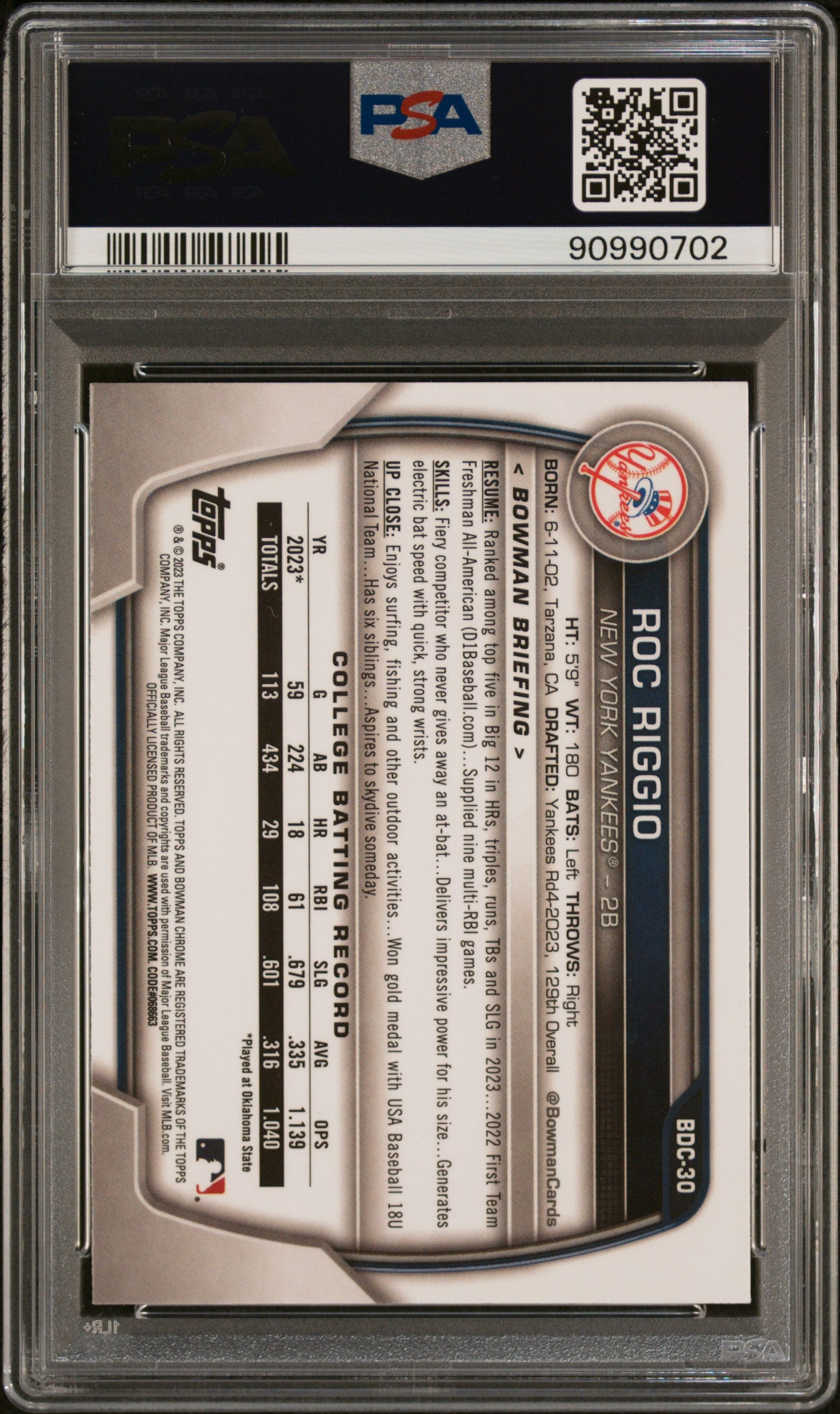 (1)2023 Bowman Draft #BDC30 Roc Riggio Chrome PSA 10