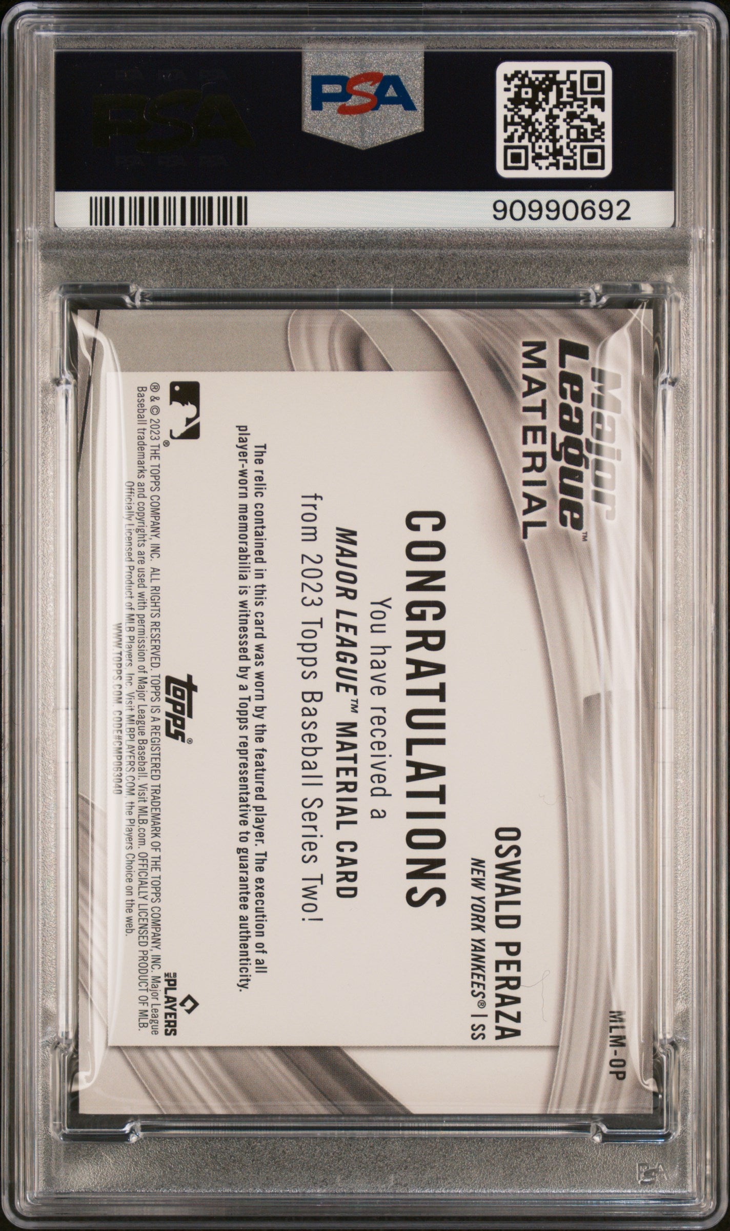 2023 Topps Major League Material Relics #MLMOP Oswald Peraza RPA PSA 10
