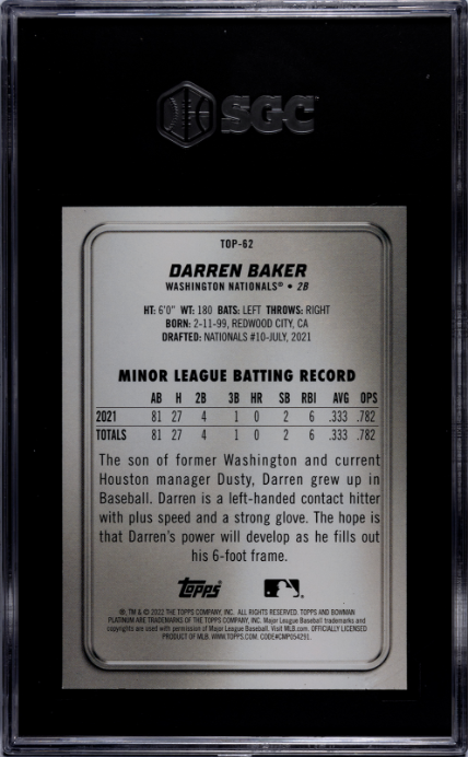 2022 Bowman Platinum #TOP-62 Darren Baker Top Prospects SGC 10
