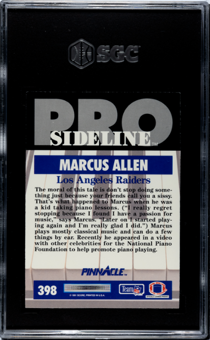 1991 Pinnacle #398 Marcus Allen Pro Sideline SGC 9