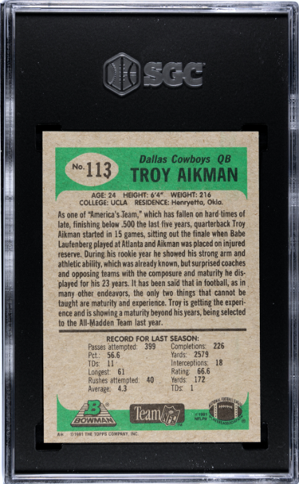 1991 Bowman #113 Troy Aikman SGC 9