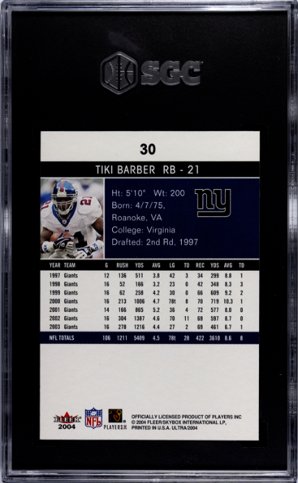 2004 Fleer Ultra #30 Tiki Barber SGC 9