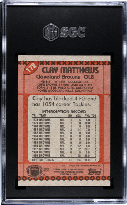 1990 Topps #172 Clay Matthews Disclaimer Back SGC 8.5