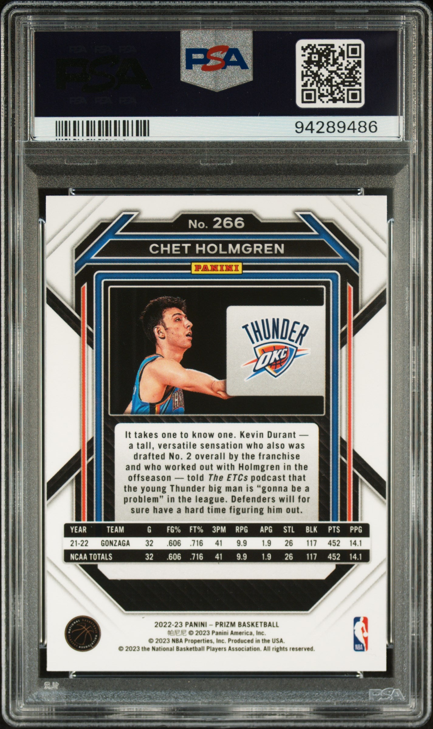 2022 Panini Prizm #266 Chet Holmgren RC PSA 9