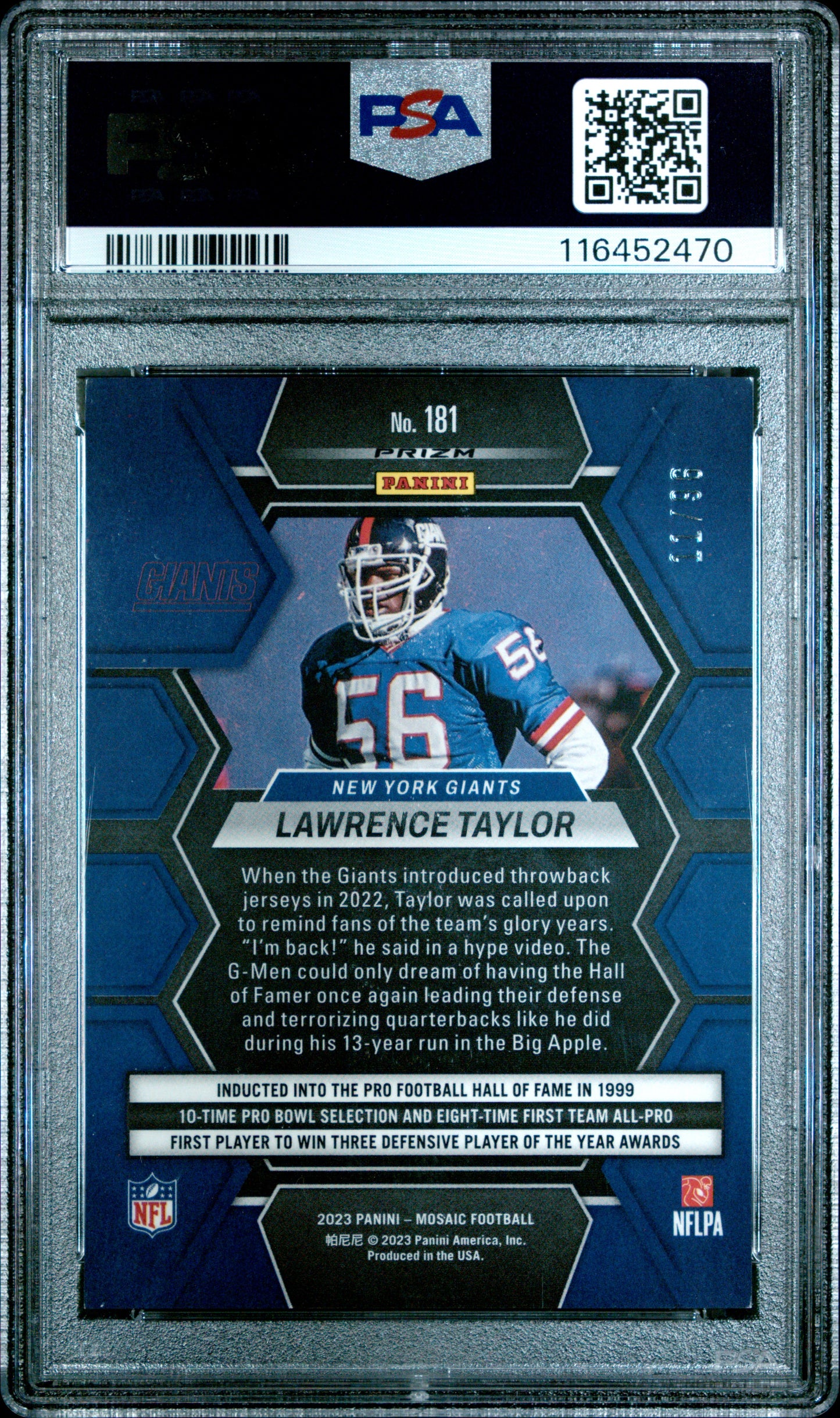 2023 Panini Mosaic #181 Lawrence Taylor Blue Sparkle PSA 8