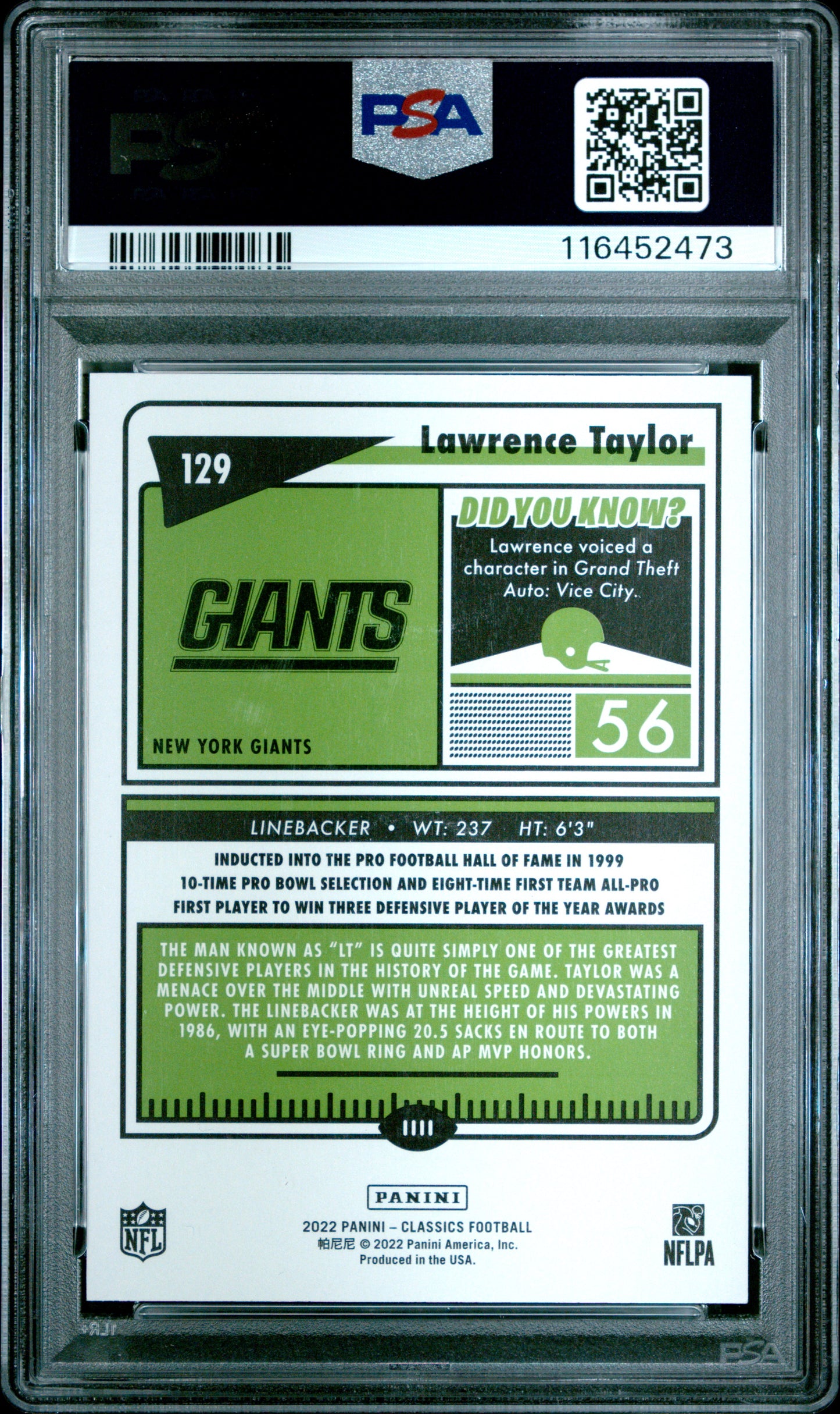 2022 Panini Classics #129 Lawrence Taylor Green Back PSA 9