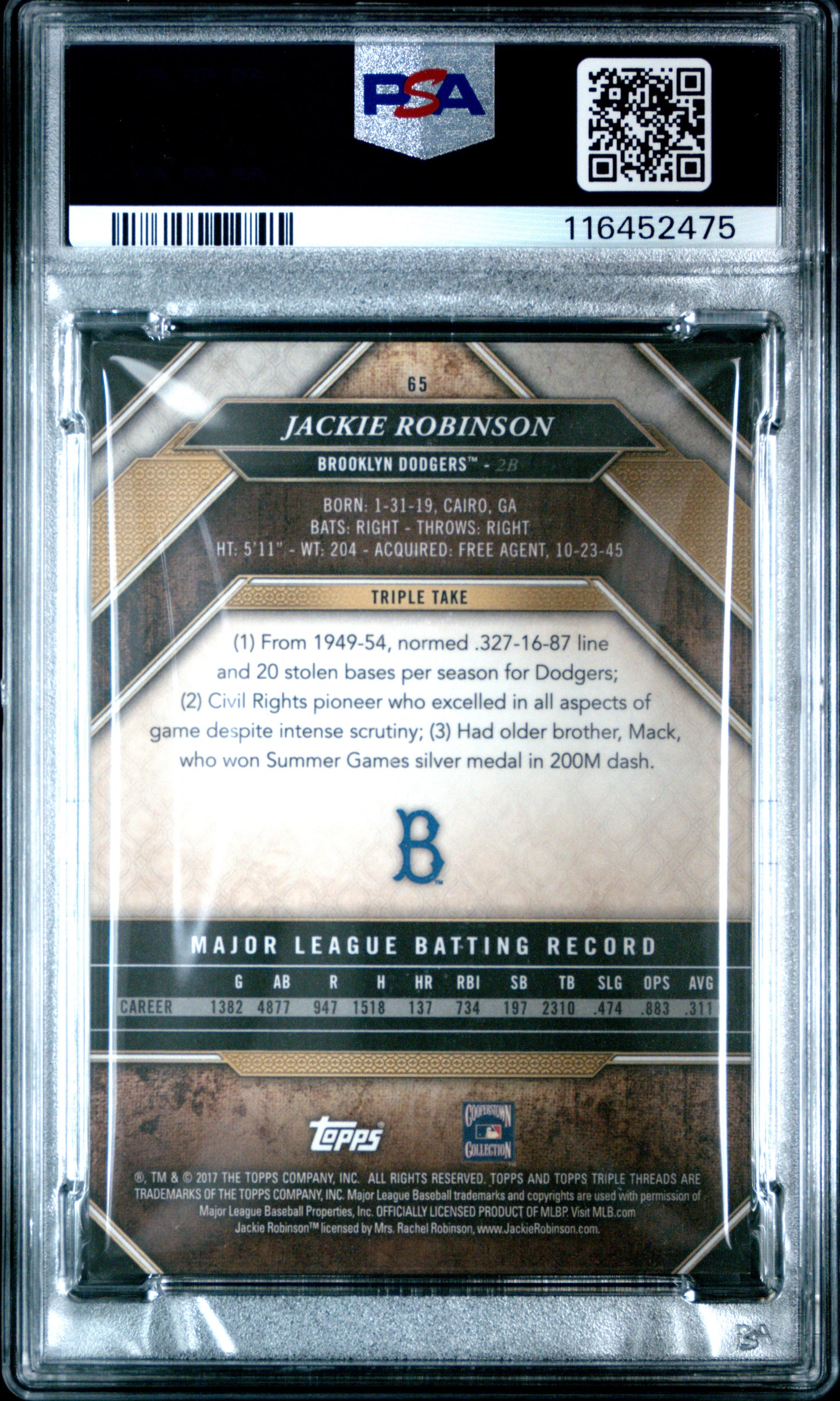 2017 Topps Triple Threads #65 Jackie Robinson Gold PSA 8