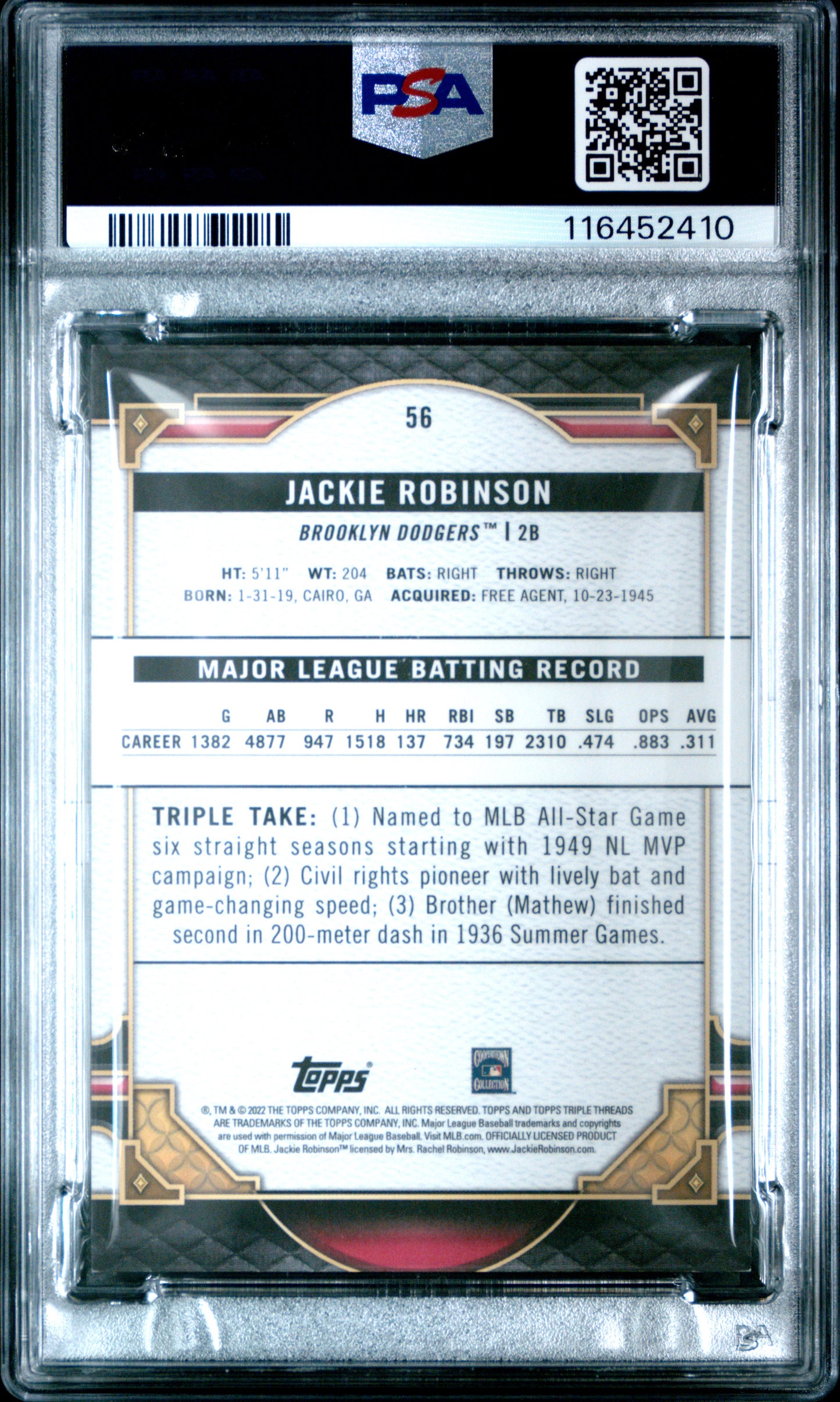 2022 Topps Triple Threads #56 Jackie Robinson Aquamarine PSA 8