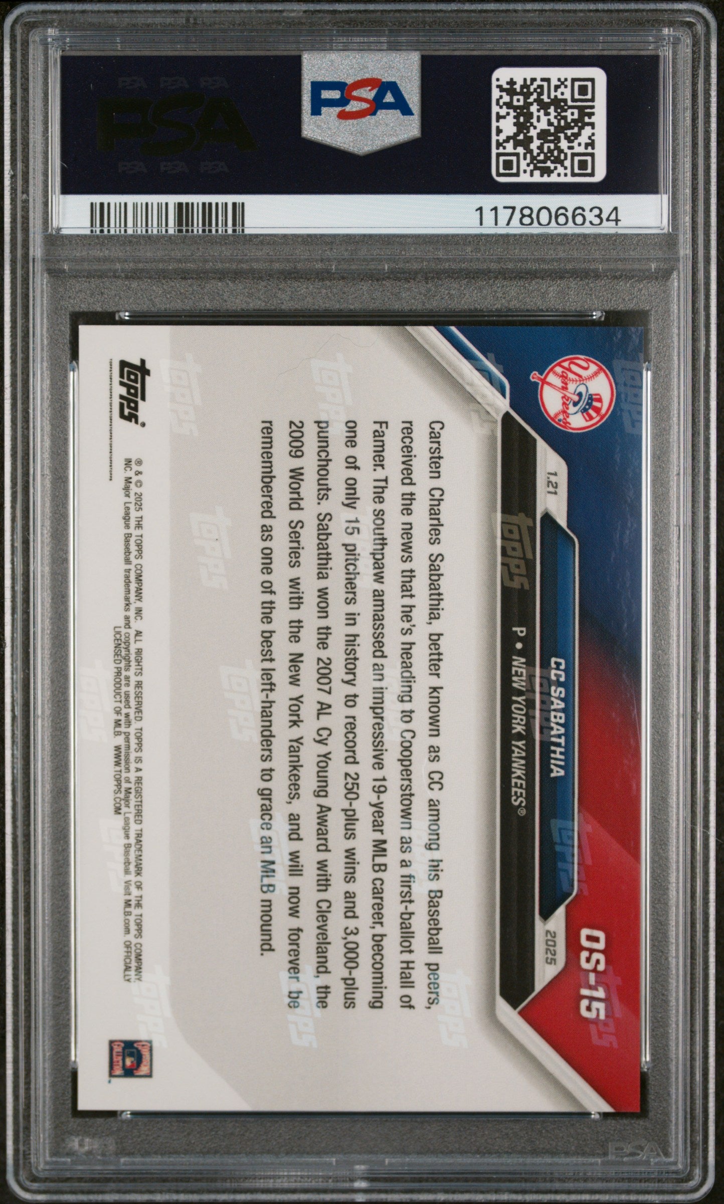 (1)2024 Topps Now Offseason #OS15 Cc Sabathia PSA 10