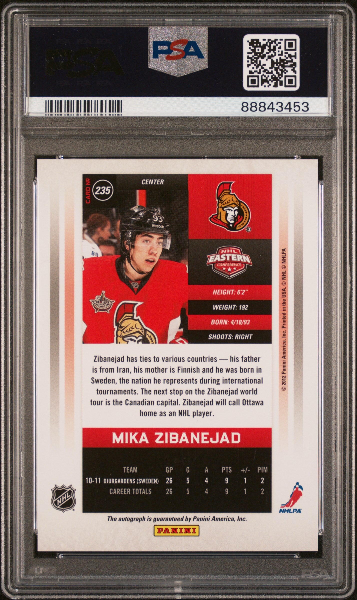 2011 Panini Contenders #235 Mika Zibanejad Autograph PSA 10