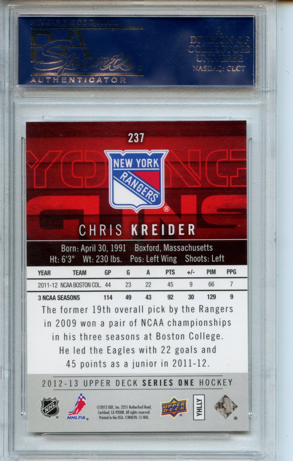2012 Upper Deck #237 Chris Kreider PSA 10