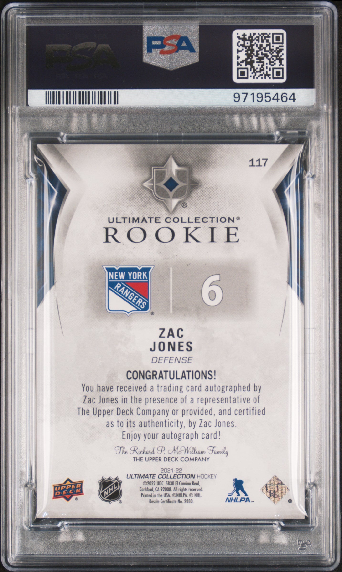 2021 Upper Deck Ultimate Collection #117 Zac Jones Rookie Autograph AUTH PSA 9