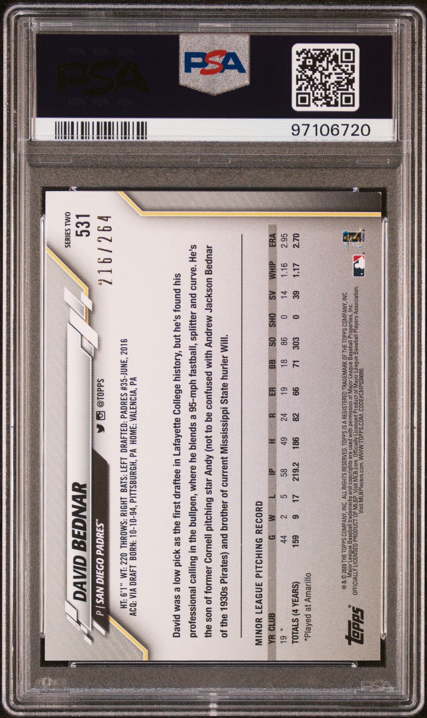 2020 Topps Complete Set #531 David Bednar Retail Foilboard RC PSA 9