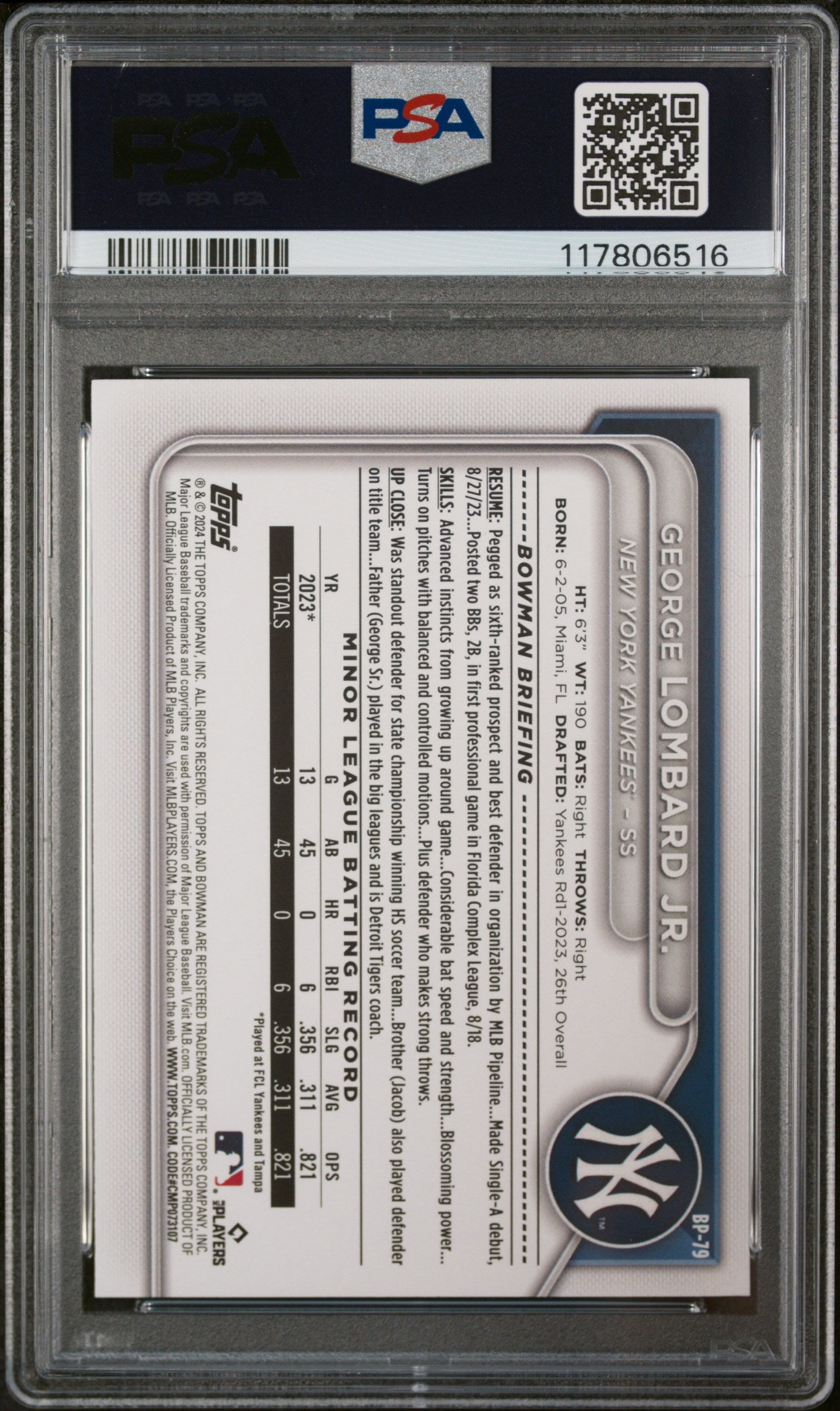 2024 Bowman Paper Prospects #BP79 George Lombard Jr. Neon Green PSA 9